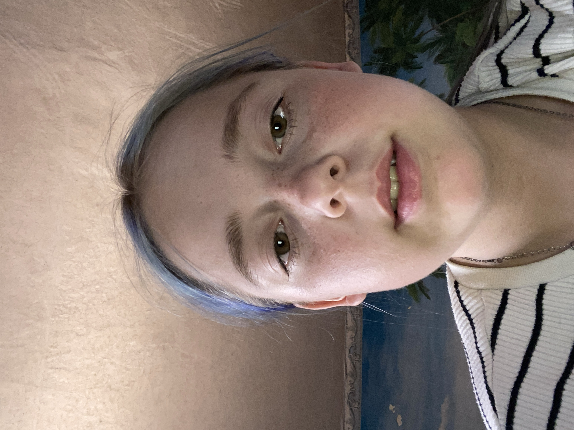 The image is a close-up, frontal, selfie-style photograph of a young female. She has fair skin with freckles, light brown eyes, and light brown hair with streaks of blue. She is wearing a white and black striped shirt and a silver necklace. The background appears to be a wall with a textured finish and a mural of a tropical scene with palm trees and a sky with clouds. The lighting is soft and natural. The image is sharp and clear.
There is no information in the image to suggest a specific location in the city of Nova Praha, Ukraine.