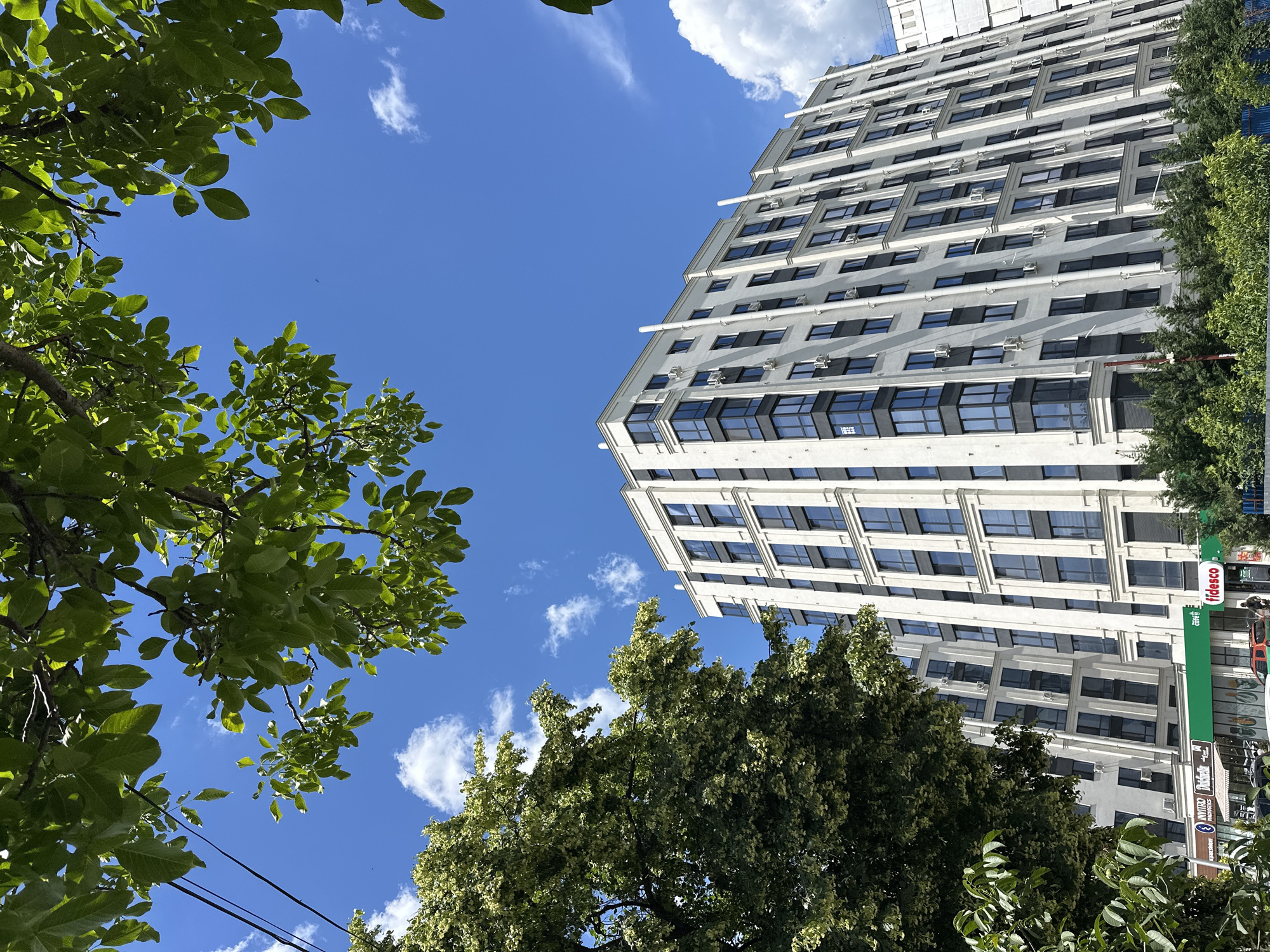 A low-angle medium shot captures a modern, white residential building in Strășeni, Moldova, under a bright blue sky dotted with white clouds. The building features a repeating pattern of dark-framed windows and some windows are tinted. Air conditioning units are visible on the exterior of the building. Trees with green foliage frame the scene from the top and left, with some of the leaves obscuring the sky. At the base of the building, there are storefronts, including one with a green awning and the "Fidesco" logo, and another with "Dulinteca" signage. A few cars are parked in front of the shops, and a single individual is walking on the sidewalk. Overhead power lines are visible against the sky on the left side of the frame.