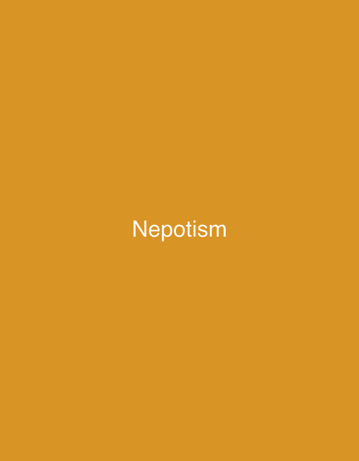 The image presents a solid, uniform yellowish-orange background. Centrally positioned on this background is the single word "Nepotism" rendered in white, mixed-case sans-serif typography. There are no other discernible subjects, objects, people, actions, interactions, or environmental features within the frame.