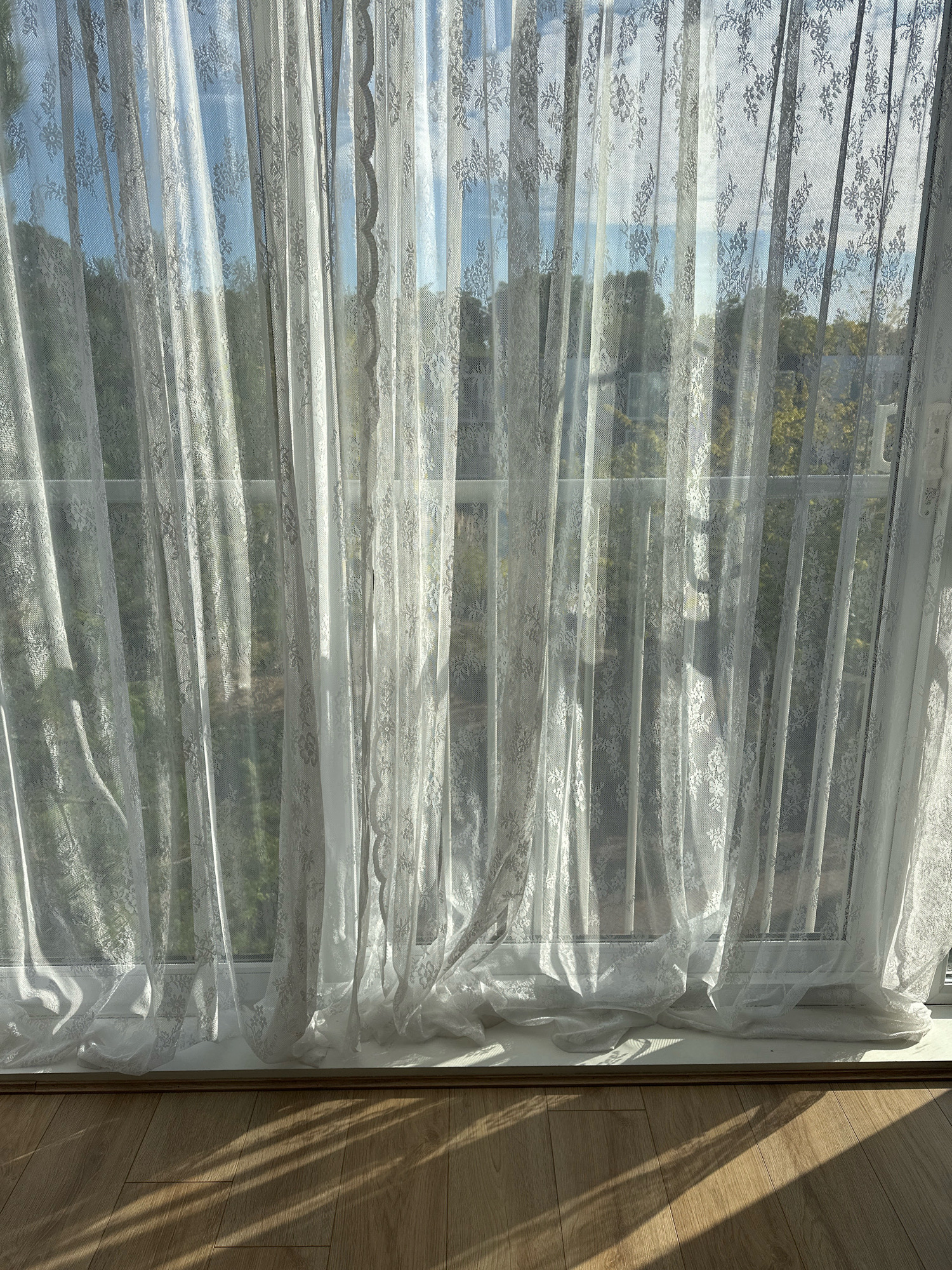 A white lace curtain with a floral pattern hangs in front of a window, obscuring the view of trees and sky outside. Sunlight streams through the curtain, casting dappled shadows on the wooden floor below. The scene appears to be indoors, possibly in a residential setting. No specific location in London, United Kingdom can be determined from the image.