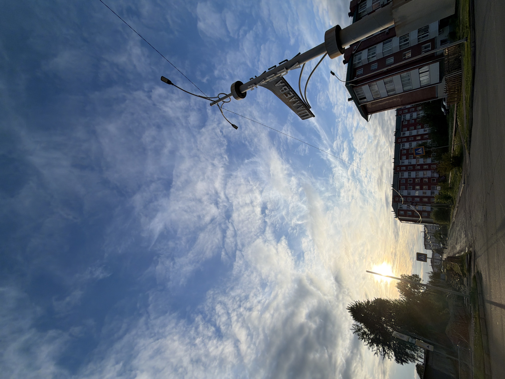 The image depicts an urban street scene in Birobidzhan, Russia, under a partially cloudy sky during either sunrise or sunset, indicated by the low sun casting bright glare from the left. The sky features a mix of cirrus and altocumulus clouds across a light blue expanse.
In the foreground and right, a prominent gray street light pole with multiple lamp fixtures curves upwards. Attached to this pole is a vertical street sign, illegible from this angle, but from the front of the sign that is visible (as seen in the cropped image), it displays the Cyrillic word "ШАЛАЕВА" (Shalaeva) and a number "4". Below the main sign, another small, indistinct sign or bracket is visible. Utility wires extend diagonally across the upper right portion of the sky.
The street, appearing to be asphalt and potentially damp in the immediate foreground, recedes into the distance towards the right. On the left side of the street, in the midground, a dense cluster of trees and shrubs obscures a lower structure. Beyond the trees, the bright sun creates a lens flare. Further down the street, a triangular pedestrian crossing sign (white with a black walking figure) is visible.
Multiple multi-story residential buildings line the street. The closest visible building on the right is a red-brick structure with white-framed windows, balconies, and a dark green roof, exhibiting some parallax distortion due to the wide-angle lens. In the background, another similar red-brick building with numerous windows and balconies is visible. A few indistinct human figures and parked vehicles can be discerned further down the street. The overall environment suggests a typical residential area within the city of Birobidzhan.