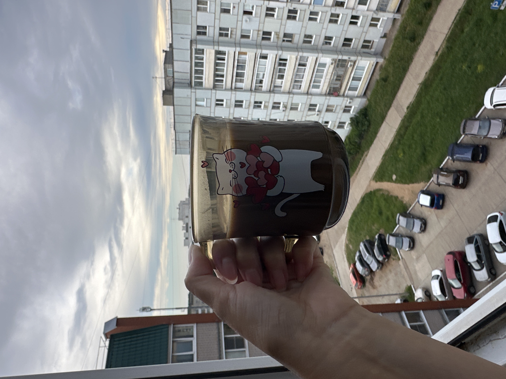 A hand holds a glass mug filled with a dark liquid, likely coffee, against a backdrop of a cloudy sky and a residential area in Chaikovsky, Russia. The mug features a design of a white cat holding several red hearts. Below, a street with parked cars and a grassy area is visible, with a multi-story apartment building dominating the background. The perspective suggests the photo was taken from a window.