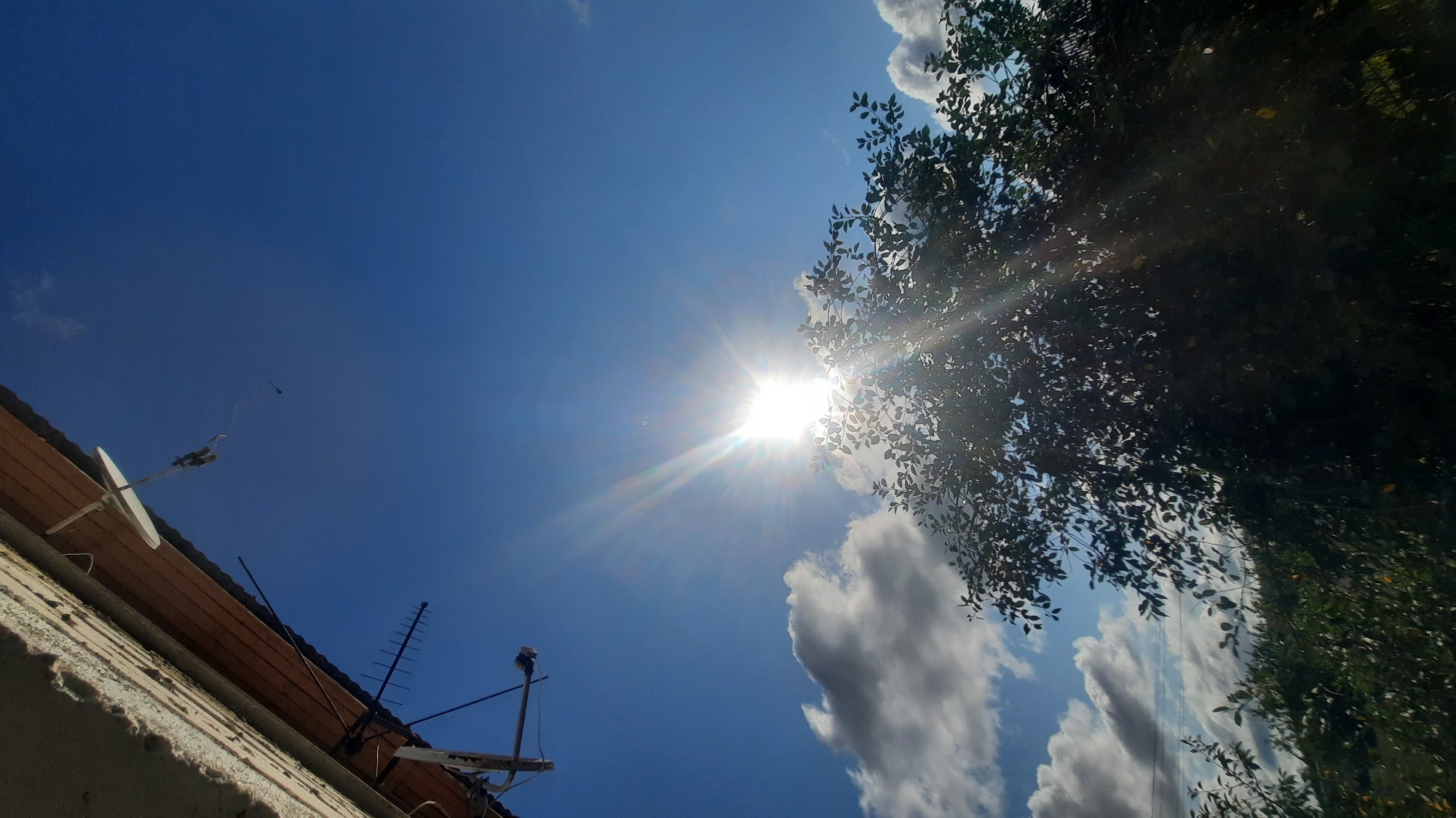 A low-angle shot captures a bright sun bursting through the leaves of a dark green tree, casting visible rays of light against a clear blue sky. The sun is positioned slightly to the left of the center of the frame, creating a starburst effect. Scattered white clouds are visible, particularly to the left of the sun. In the upper left quadrant, the underside of a building's roof is visible, with wooden planks and some insulation or material showing. Attached to the roof are two antennas, one a satellite dish and the other a more traditional terrestrial antenna. The foreground is filled with dense green foliage, appearing to be bushes or low-lying trees. The image is likely taken outdoors, possibly in a residential area or a park, given the presence of the building and antennas. The specific location in the city of Shklov, Belarus, cannot be determined from the visual information alone.