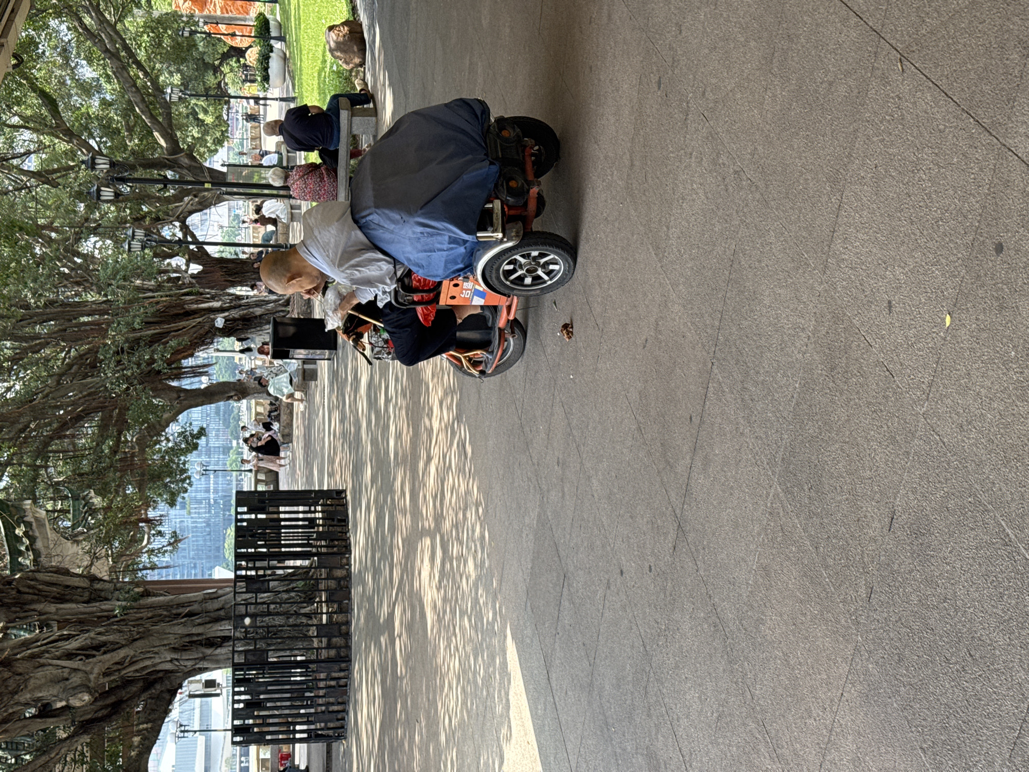 A pedestrian outdoor scene in China's Liwan District shows a person operating a blue-covered, orange-framed mobility scooter. The individual is bald, wearing a white long-sleeved shirt and dark pants. Nearby are benches with people seated, and a large banyan tree with exposed roots looms in the background. Shadows of tree branches and leaves fall on the gray tiled pavement, and in the distance, modern buildings are visible. A black, rectangular structure is positioned to the left of the path.