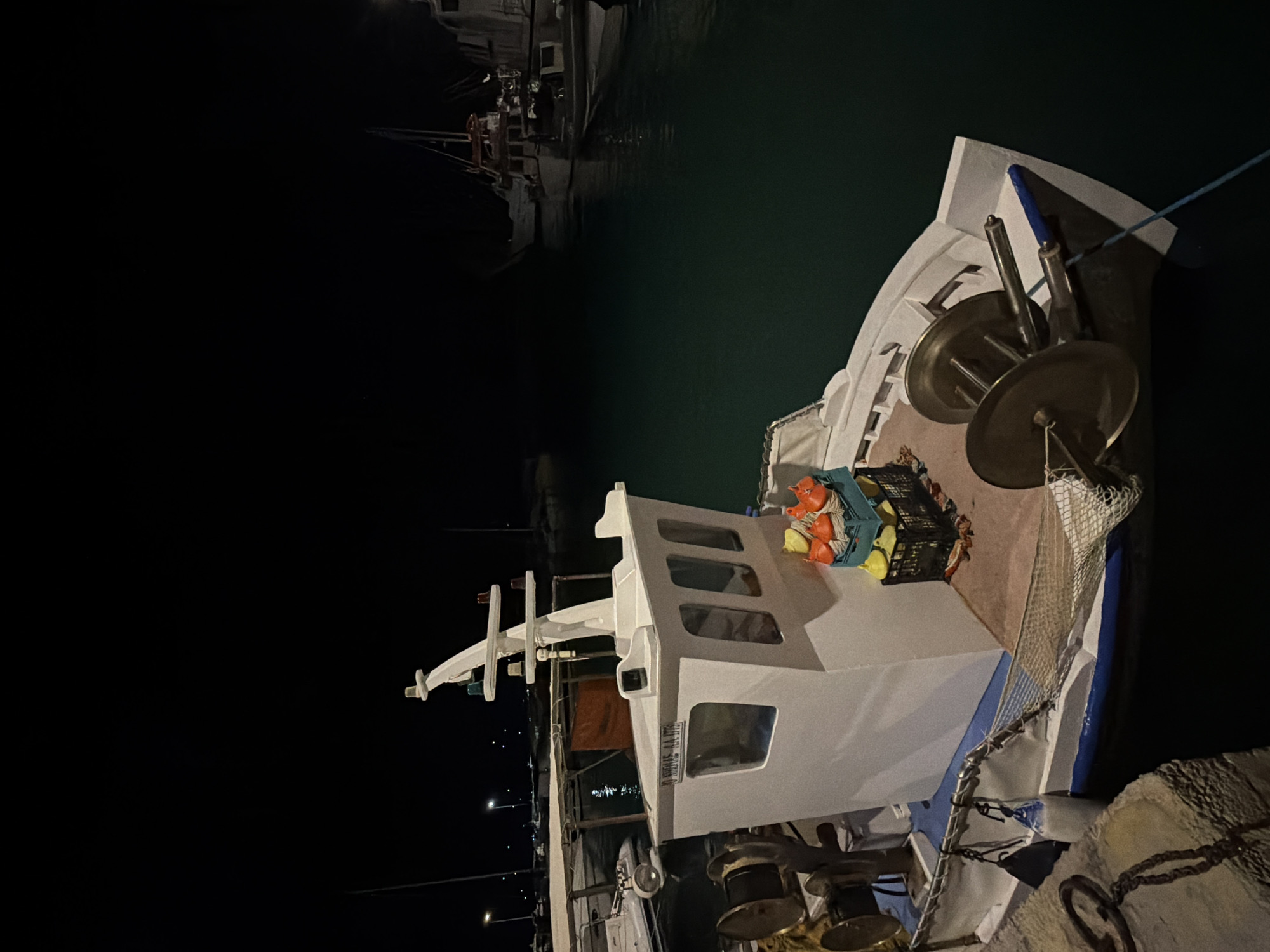 This is a nighttime, eye-level, medium shot of a white fishing boat docked in a harbor in the Municipal Unit of Alyzia, Greece. The boat is in the foreground and occupies the left and center of the frame. It has a white cabin with windows and a white mast with lights. On the deck of the boat, there are two large metal spools, a blue net, two black crates filled with orange and yellow buoys, and some other miscellaneous items. The boat is tied to a stone dock on the left side of the image, with a thick chain and a white buoy visible. The water is dark and appears calm. In the background, other boats and lights from a shoreline are visible. The overall scene is dark, illuminated by artificial lights from the boats and the shore.