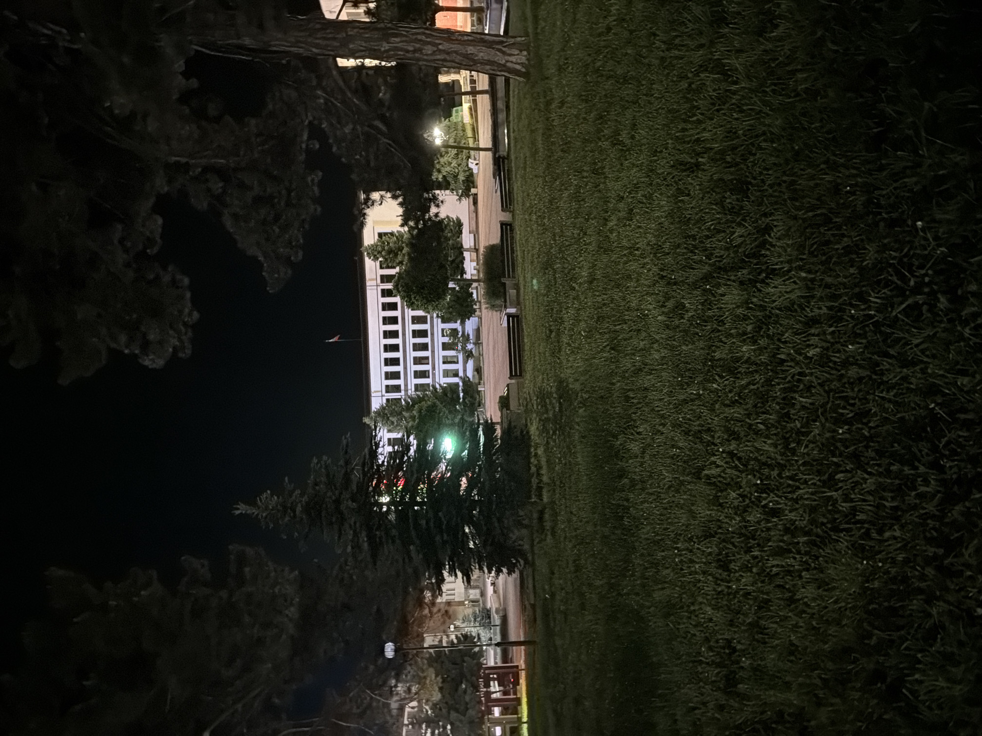 The image captures a nighttime scene in what appears to be a park or public square in Etropole, Bulgaria. A large, multi-story building with numerous brightly illuminated windows dominates the background, suggesting it might be an administrative or public facility. A flag, possibly the national flag, is visible on a flagpole near the building.
In the mid-ground and foreground, a well-maintained expanse of green grass fills much of the frame, showing varying shades of green due to the artificial lighting. Several park benches are scattered along paved walkways that wind through the area. Large, dark evergreen trees with dense foliage are prominent, particularly on the left side of the image, some obscuring parts of the building or casting deep shadows. Streetlights are visible, providing pockets of light that illuminate portions of the trees, paths, and grass, creating a contrast with the dark night sky.
No people are visible, and there is no apparent activity taking place, giving the scene a quiet and still atmosphere. The lighting from the building and streetlamps indicates it is nighttime. No visible text can be deciphered anywhere in the image.