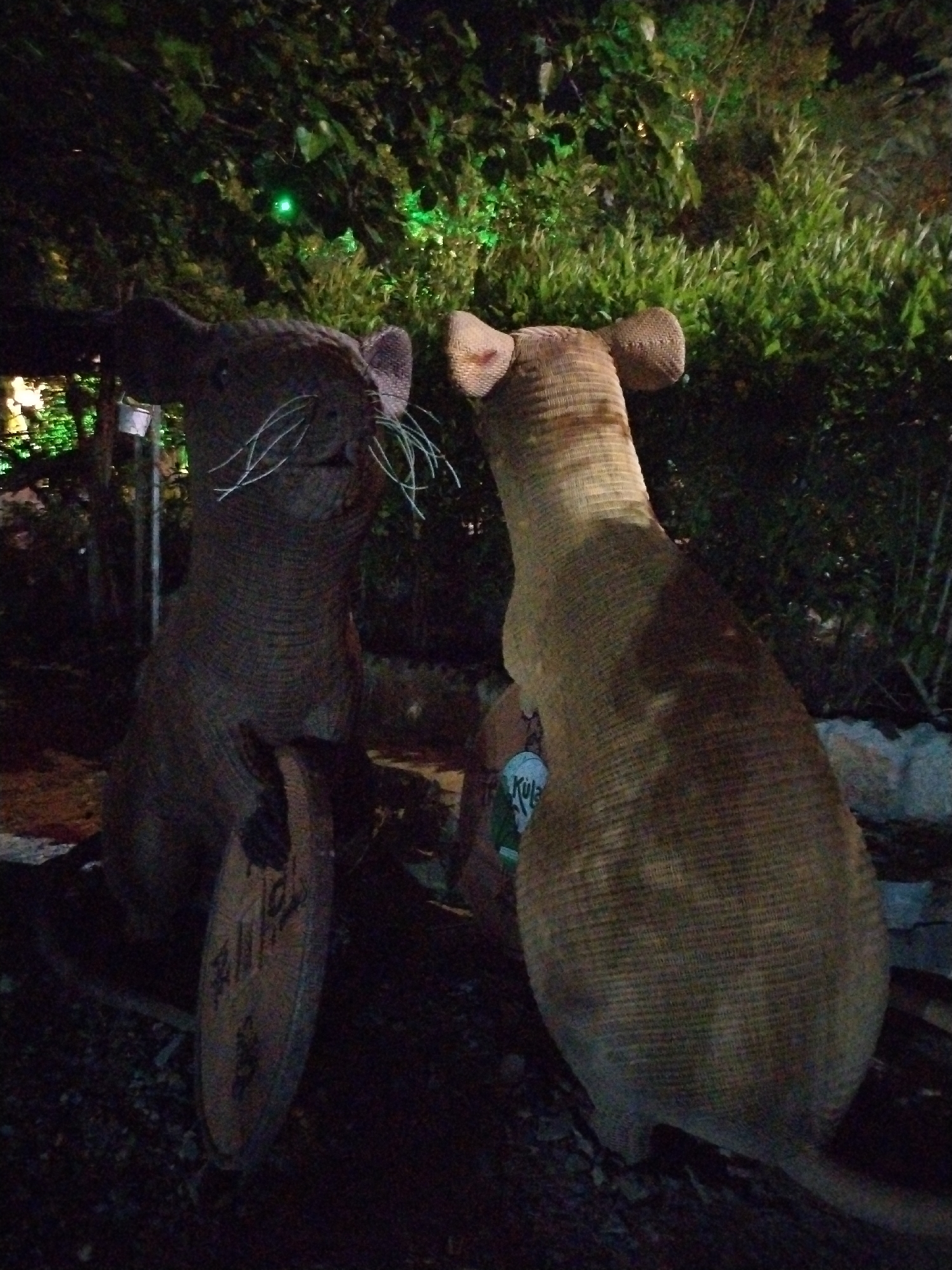 Two woven rat figures stand in Bac Nha Trang Ward, Vietnam. The rat on the left is darker in color and faces forward, with whiskers extending from its face. Next to it, the other rat faces away, revealing a lighter, woven surface. Behind them is lush greenery, illuminated by a faint green light. A wooden sign stands in front of the rat on the left. The ground is covered in dark mulch.