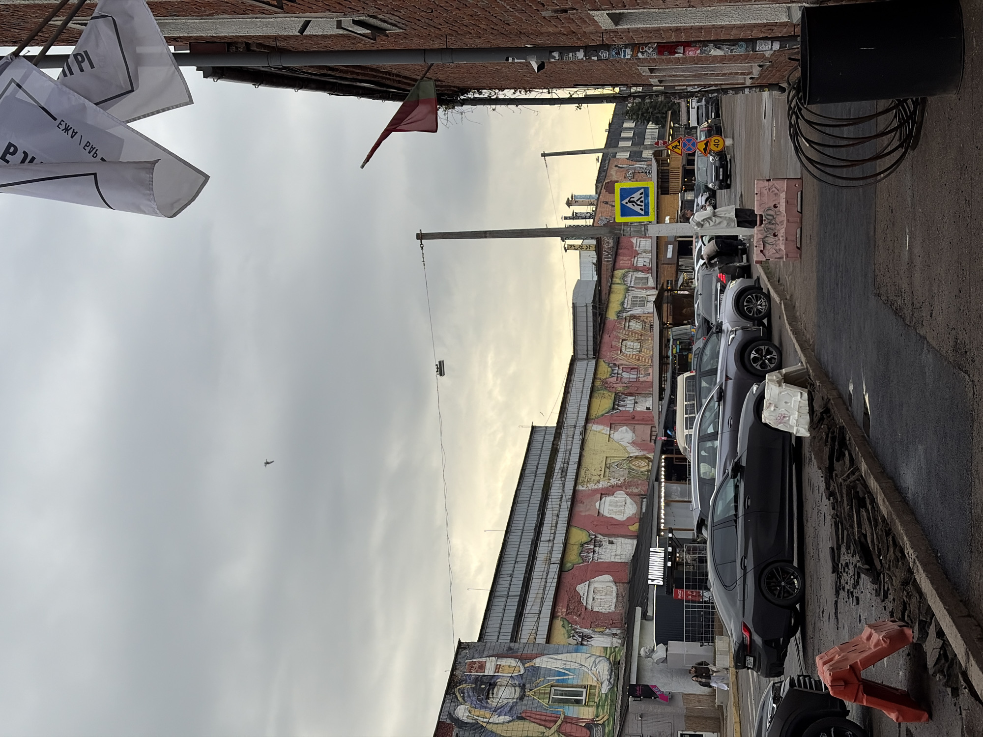 The image shows a street scene in Unknown, Unknown. Cars are parked along the right side of the street. A building with a mural stretches along the background. Street signs and flags are visible overhead. The sky is overcast. A black trash receptacle stands on the sidewalk's edge in the foreground.