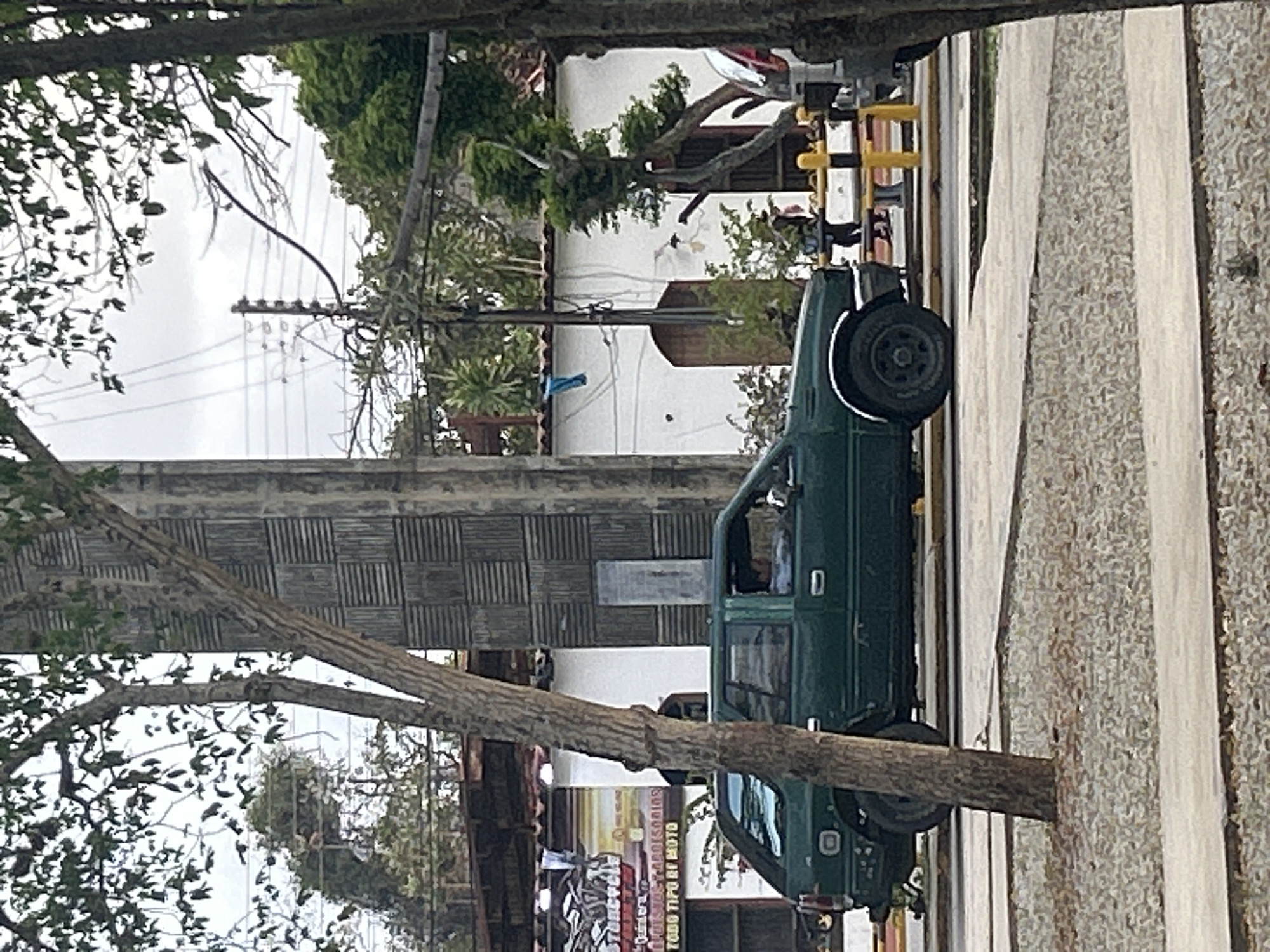 The image captures a daytime street scene in Santa Ana, Venezuela, characterized by overcast skies and a natural, somewhat unkempt environment. Dominating the foreground is a mature tree with rough bark, its branches obscuring portions of the sky. To the right of the tree, a portion of a tall, concrete structure with a textured facade, resembling a weathered tower or column, is visible.
In the mid-ground, a dark green, older model station wagon is parked or moving slowly on a paved road. A person, appearing to be the driver, is visible inside the car through the open driver's side window. The car has visible wear and tear, with some damage to the rear bumper. Behind the car, a white building with a tiled roof is partially visible, along with a large banner or sign that appears to advertise "MOTORCYCLE" and "TODO TIPO DE MOTO" (all types of motorcycles).
Further back, another building, also white, features arched doorways and windows, with a blue piece of fabric or clothing hanging from an overhead wire. The area is dotted with trees, some with dense foliage and others appearing more sparse, suggesting a semi-tropical climate. Electrical wires and poles are present throughout the scene, indicating urban infrastructure. In the far right of the image, the rear of a lighter-colored vehicle, possibly a car or truck, is partially visible. A yellow and black striped barrier is also present in the mid-ground, suggesting a temporary traffic or safety measure. The ground in the immediate foreground and mid-ground is a mix of paved surfaces and gravel.
