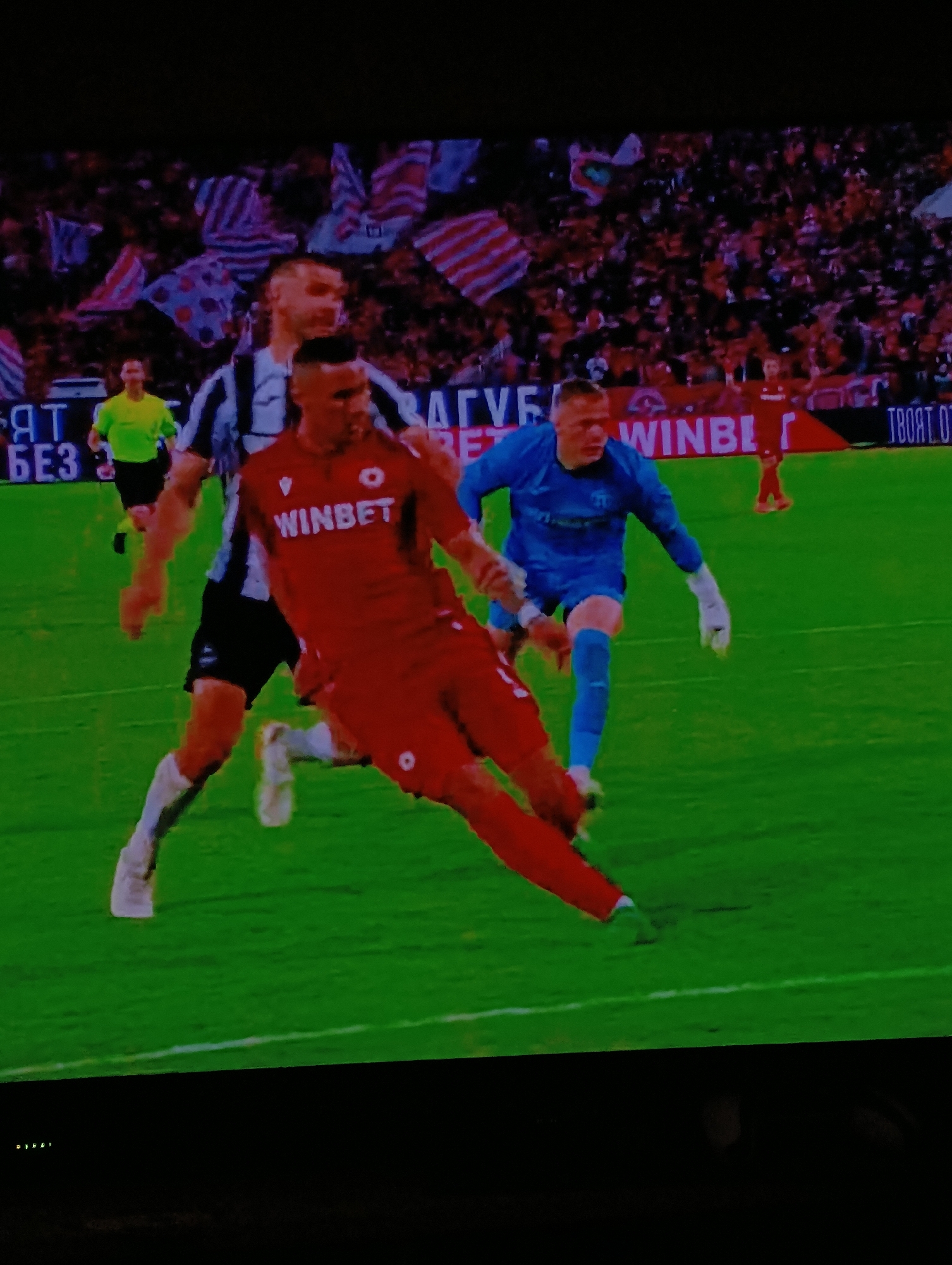 The image depicts a soccer game, likely taking place in Plovdiv, Bulgaria, given the Cyrillic text on the banners in the background. A player in a red uniform with the word "WINBET" displayed on the front is in motion, seemingly dribbling the ball. He is closely followed by an opposing player in a black and white striped uniform. A goalkeeper in a blue uniform is attempting to intercept the ball. In the background, there is a referee in a yellow shirt and black shorts. The stands are filled with spectators waving flags in a pattern of red and white stripes. The environment is a well-maintained grass field. The action is intense as the players engage in a dynamic moment within the game.