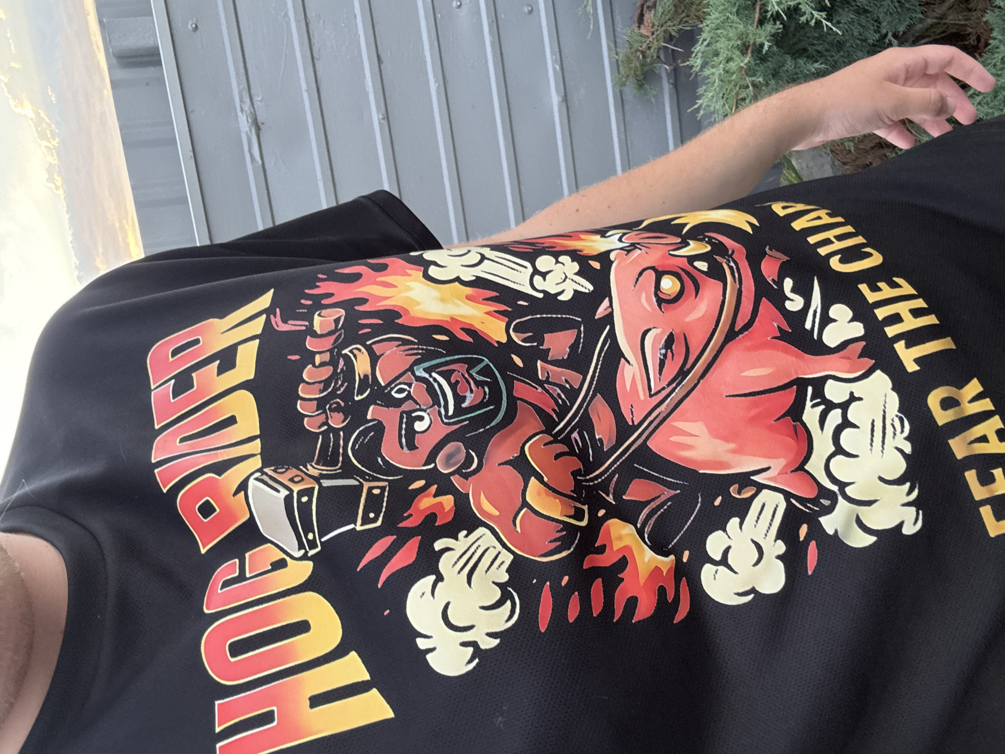A person wearing a black t-shirt with a "Hog Rider" graphic is pictured outdoors. The graphic depicts a cartoonish figure riding a red, fiery pig, with flames and smoke elements surrounding them. The text "HOG RIDER" is prominently displayed at the top of the shirt in yellow and red gradient, and "FEAR THE CHAP" is visible at the bottom. The background shows a grey, corrugated metal fence and some green foliage. The sky above is partially cloudy with hints of sunset colors. The image appears to be taken during daylight. The location is not specified to be Zatoka, Ukraine.