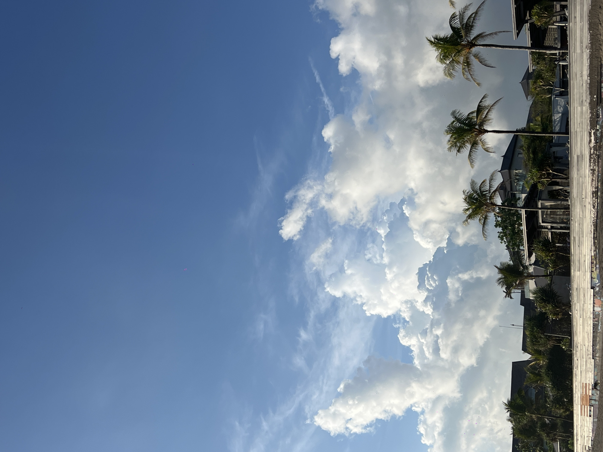 The photograph shows a daytime scene in what appears to be North Kuta, Indonesia, given the presence of palm trees, architectural styles, and general environmental aesthetics characteristic of the region. The image is oriented sideways, with the sky dominating the left side of the frame, transitioning from a clear, light blue to a sky with dense cumulus clouds towards the right. The clouds vary in shape and size, with some wispy cirrus clouds also present.
On the right side of the frame, at the bottom, there are structures and palm trees. The buildings are modern, with dark-colored roofing and architectural details consistent with those found in tropical resorts or residences. Palm trees are scattered amongst the buildings. At the bottom right of the frame is a structure with a side of white material.
The sky, clouds, vegetation and architecture provide the evidence necessary to place the image in the area requested. There are no visible people in the image.