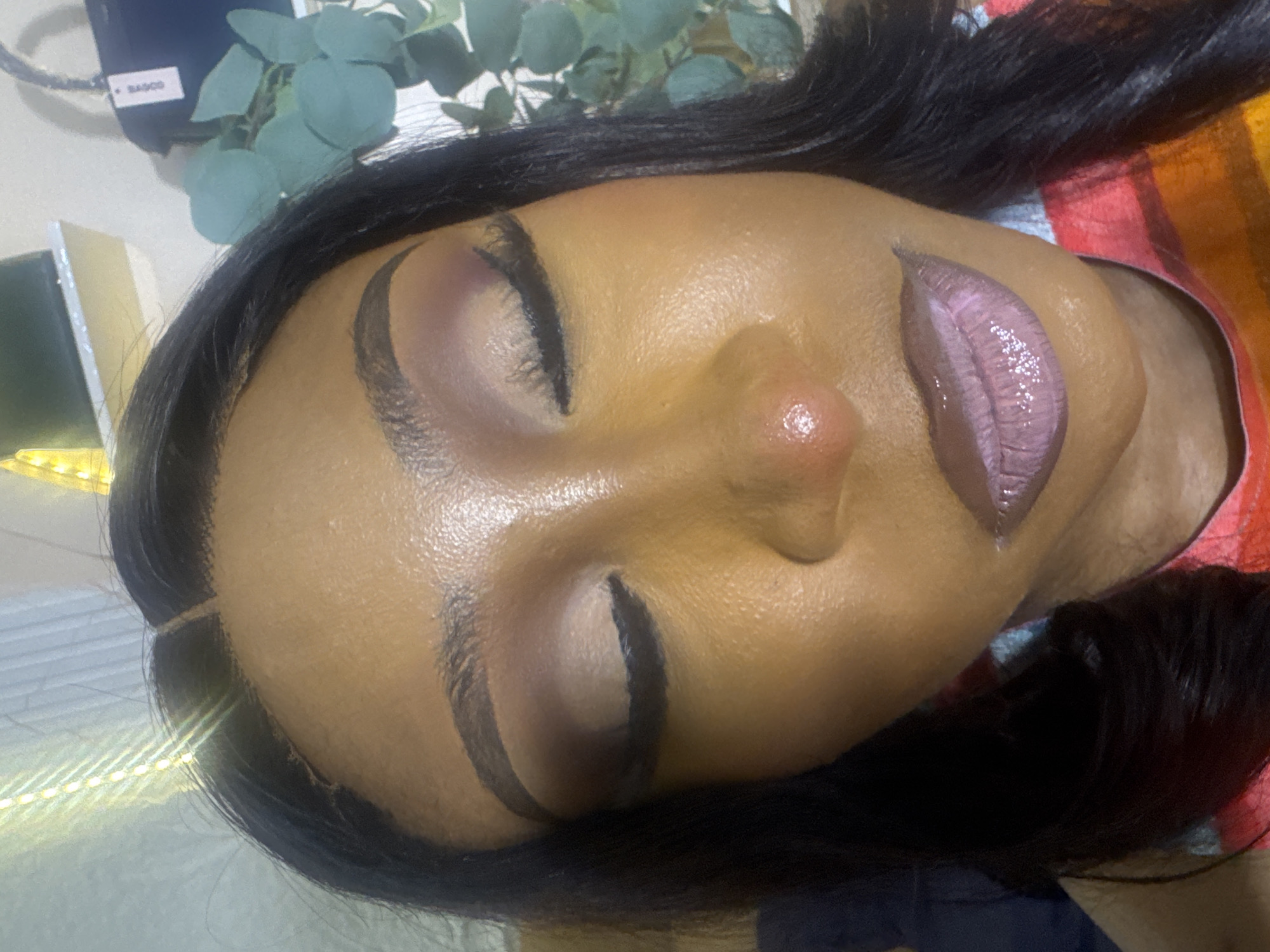 A close-up, head-and-shoulders, indoor portrait depicts a Black woman with her eyes closed, showcasing her makeup. The woman has on a full face of makeup, including contoured eyebrows, eyeshadow, eyeliner, and false eyelashes. Her lips are coated in a glossy, purple-toned lipstick. She has medium-toned skin with a dewy finish, and her dark hair is styled long and straight. She is wearing a colorful, striped top. The background is softly blurred, with hints of a string of lights, a shelf with objects, and some greenery. The image was taken in Abuja, Nigeria.