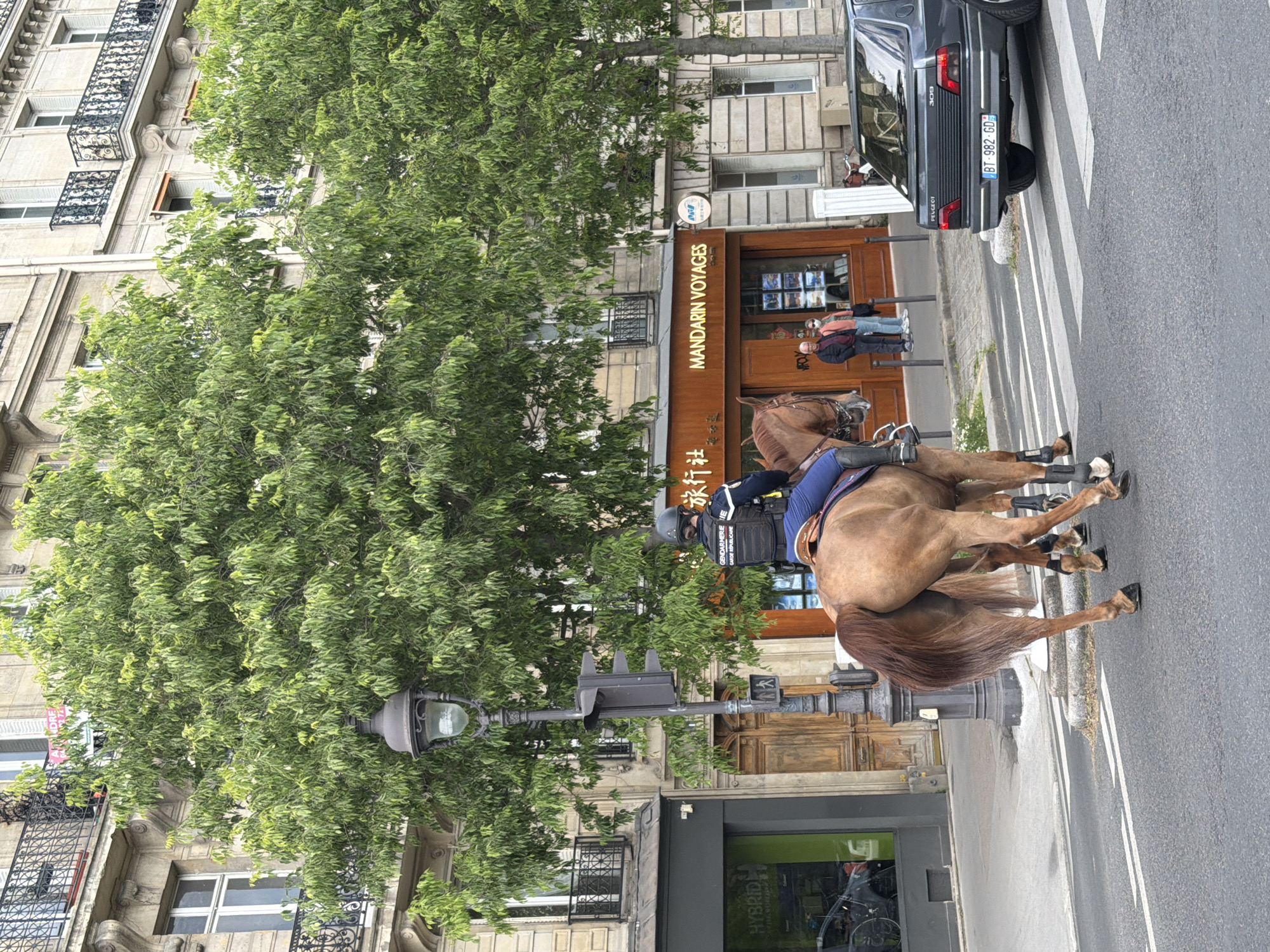 This image captures a daytime street scene in what appears to be Paris, France. A French gendarme, wearing a helmet and a tactical vest inscribed with "GENDARMERIE" and "GARDE REPUBLICAI", is prominently featured riding a brown horse. The horse, equipped with a saddle and bridle, walks on the paved street, which includes a marked zebra crossing.
To the right of the mounted gendarme, a dark-colored Peugeot 309 car is parked, displaying the French license plate "BT-982-GD". On the sidewalk, near the entrance of a shop, two or three pedestrians are visible.
The left side of the street is lined with a multi-story building showcasing classic European architecture with decorative wrought-iron balconies. A large, verdant tree stands in front of the building, its dense green foliage partially obscuring the facade and a street lamp. At ground level, a shop sign clearly reads "MANDARIN VOYAGES" along with Chinese characters "旅行社" (travel agency). Another partially visible sign towards the bottom of the image shows the word "HYBRID". The scene conveys a tranquil, everyday urban setting.