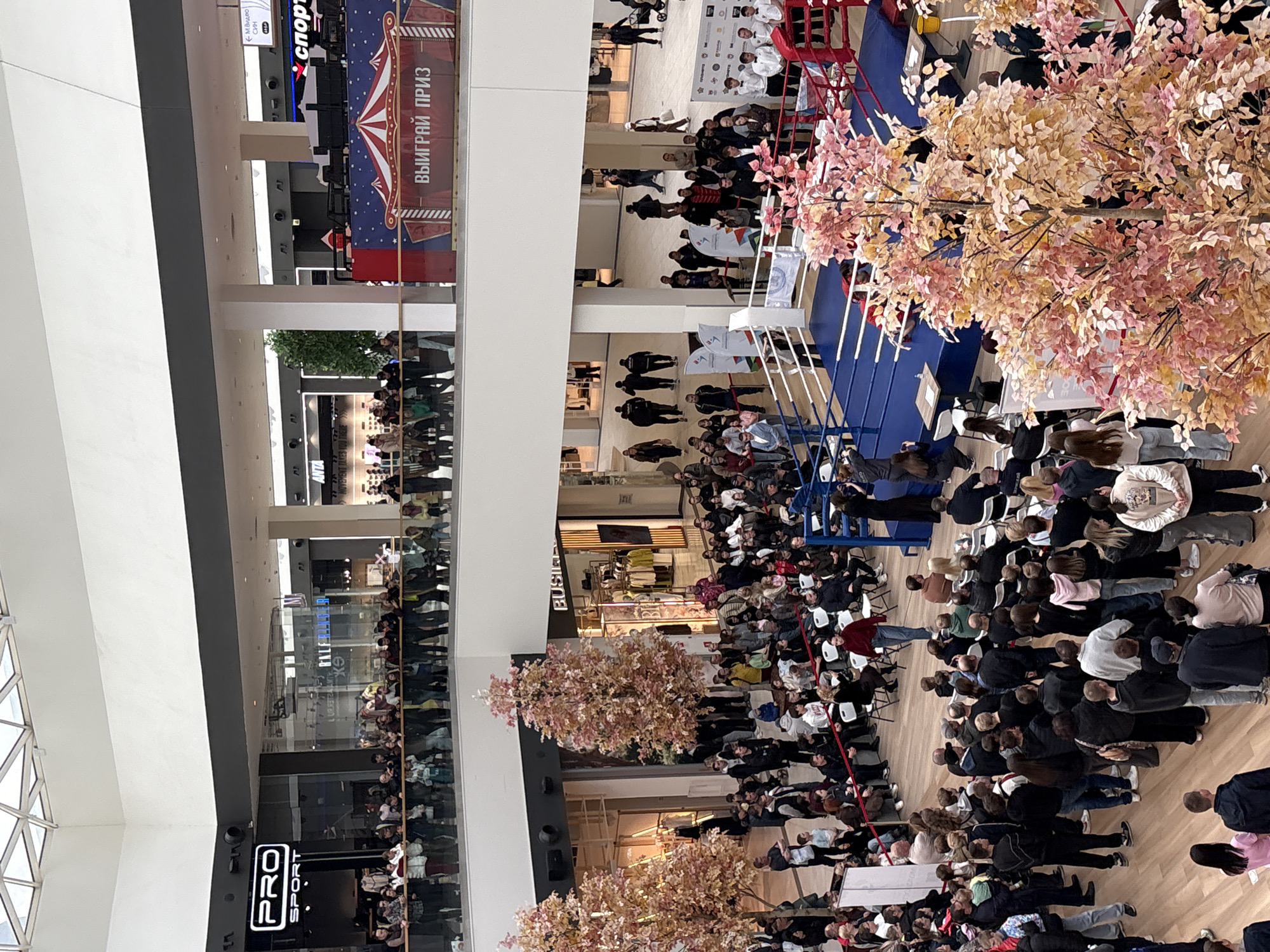 The image captures an aerial view of a crowd gathered in what appears to be a shopping mall, likely in Perm, Russia, based on the Cyrillic script visible. People are seated and standing, suggesting an event or performance of some kind. A boxing ring is present on an upper level, with onlookers positioned on surrounding balconies. Mall features like store signage ("PRO SPORT," "BUSINESS"), artificial trees with pink and beige leaves, and an advertisement with Cyrillic text (“ВЫИГРАЙ ПРИЗ” - "WIN A PRIZE") are visible. A sign with the text "м. Видео син Спорт" is also visible. The environment is a multi-story indoor space with natural light entering through a glass roof structure.