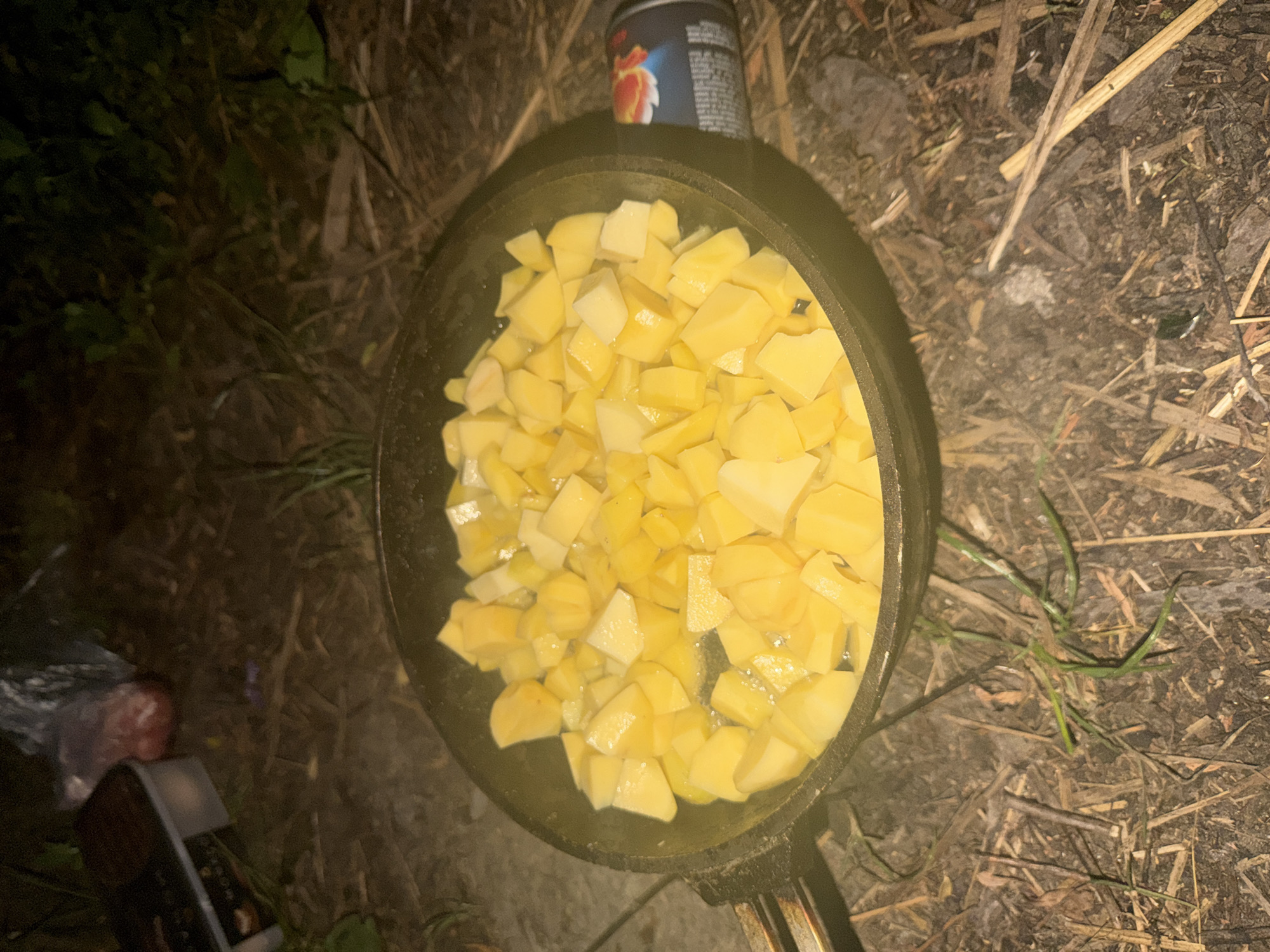 In an outdoor environment, a black frying pan is filled with chopped yellow potatoes, likely being cooked. The pan rests on a surface composed of dry leaves, twigs, and sparse green grass, suggesting a natural or unpaved area. To the right of the pan, a black and red propane canister is visible, indicating a portable cooking setup. In the background, blurred objects suggest a campsite or outdoor setting, with a plastic bag containing some red material, and a dark rectangular container. The lighting suggests it is nighttime or low-light conditions.