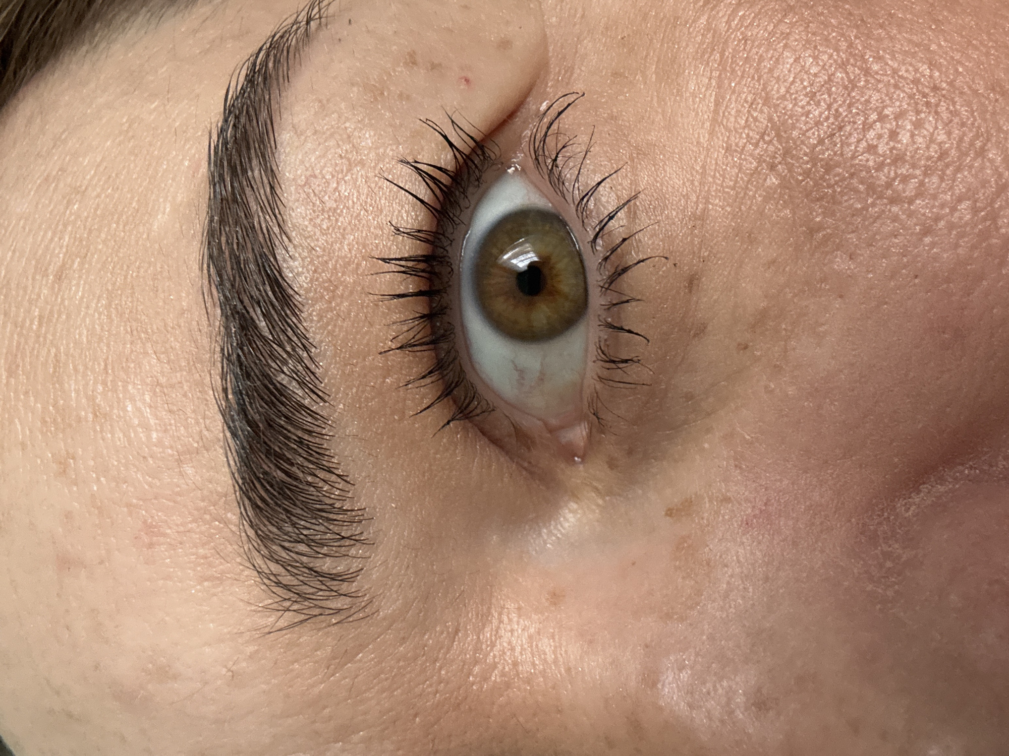 A close-up image depicts a single human eye with hazel irises. The surrounding skin shows signs of pores, fine lines, and minor imperfections. Eyelashes are visible, appearing elongated and separated. The eyebrow is prominent and well-defined. No geographical or location data related to Vsevolozhsk, Russia, is identifiable from the image.
