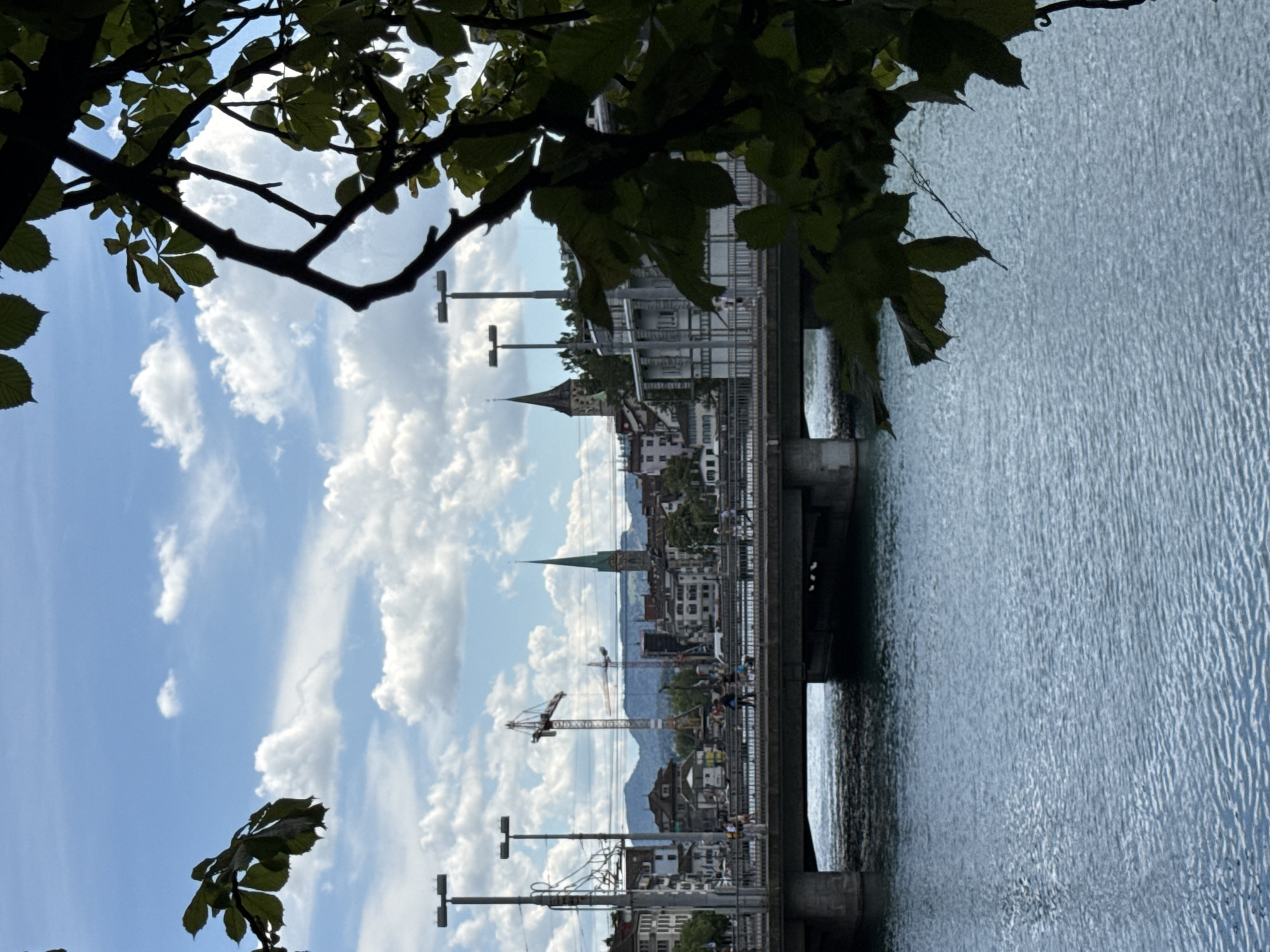 This is a daytime, eye-level, medium-shot photograph of a city skyline over a body of water in Zurich, Switzerland. The foreground is dominated by a bridge spanning the water, with its underside visible. On the bridge, several people are walking. The water below the bridge is blue and shows ripples.
In the background, a cityscape with various buildings, including churches with spires, is visible. Construction cranes are also present, indicating ongoing development. Mountains can be seen in the distance, behind the city. The sky is blue with scattered white clouds. The right side of the image features dark green leaves and branches from a tree, partially obscuring the view of the cityscape and sky. Streetlights are visible along the bridge and on the cityscape.
