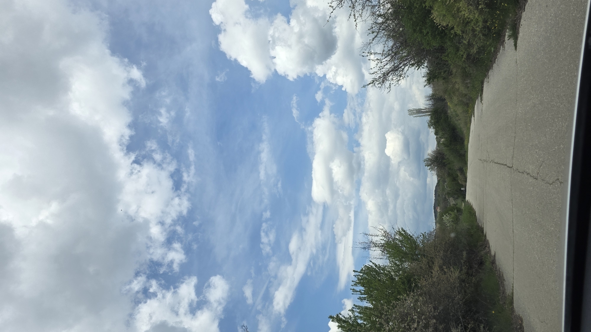 This image captures a serene rural landscape, seemingly viewed from inside a moving vehicle. The scene is dominated by a vast blue sky adorned with an array of clouds: large, fluffy white cumulus clouds intermingle with thinner, wispy cirrus-like formations. The bright illumination suggests it is daytime, likely mid-day.
On the right side of the frame, a paved asphalt road curves gently into the distance. The road surface shows signs of wear with visible cracks. Lush green foliage, including dense bushes and various trees, lines both sides of the road. Some trees exhibit fresh green leaves, while others still have bare branches, hinting at early spring or late autumn. In the background, beyond the immediate vegetation, distant hills or mountains are visible under the expansive sky. A dark frame, consistent with a vehicle's window, is present along the bottom right edge, confirming the viewpoint.
There are no people or any visible text in the image. The weather appears pleasant and clear, with ample natural light. The overall impression is one of tranquility and open space in a natural setting. The location context for this scene is Drenkovo, Bulgaria.