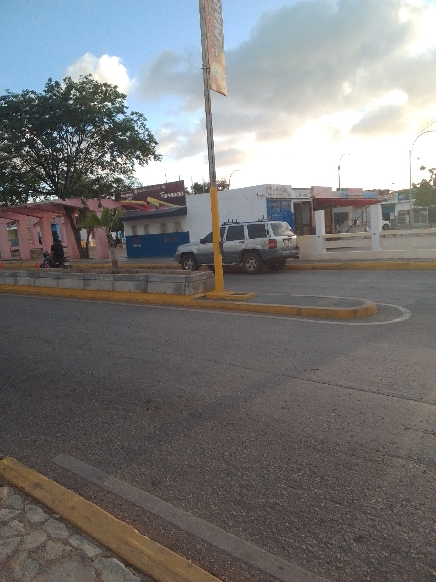 The image depicts a street scene in La Tagua, Venezuela, likely during the late afternoon or early evening. The sky is partly cloudy with a warm, diffused light, suggesting the sun is low on the horizon.
The main subjects in the foreground are a paved road with yellow curbs and a stone-paved sidewalk. In the middle ground, there is a row of buildings, some with colorful awnings and signage. One building prominently displays "Farmacia" in large letters, indicating a pharmacy. Other businesses are visible, including what appears to be a "Barberia." A silver SUV is parked in front of one of the establishments.
Further back, a person is seen with what looks like a motorcycle or scooter, near a shaded, open-air structure with pink supports and a bench. A small palm tree grows in a planter box between the sidewalk and the road. The overall atmosphere is that of a typical small-town or suburban commercial area. The presence of a pharmacy and barber shop suggests a community setting. The lighting and the clear visibility of the sky imply fair weather. The scene is static, with no overt activity beyond the parked vehicles and the solitary figure.