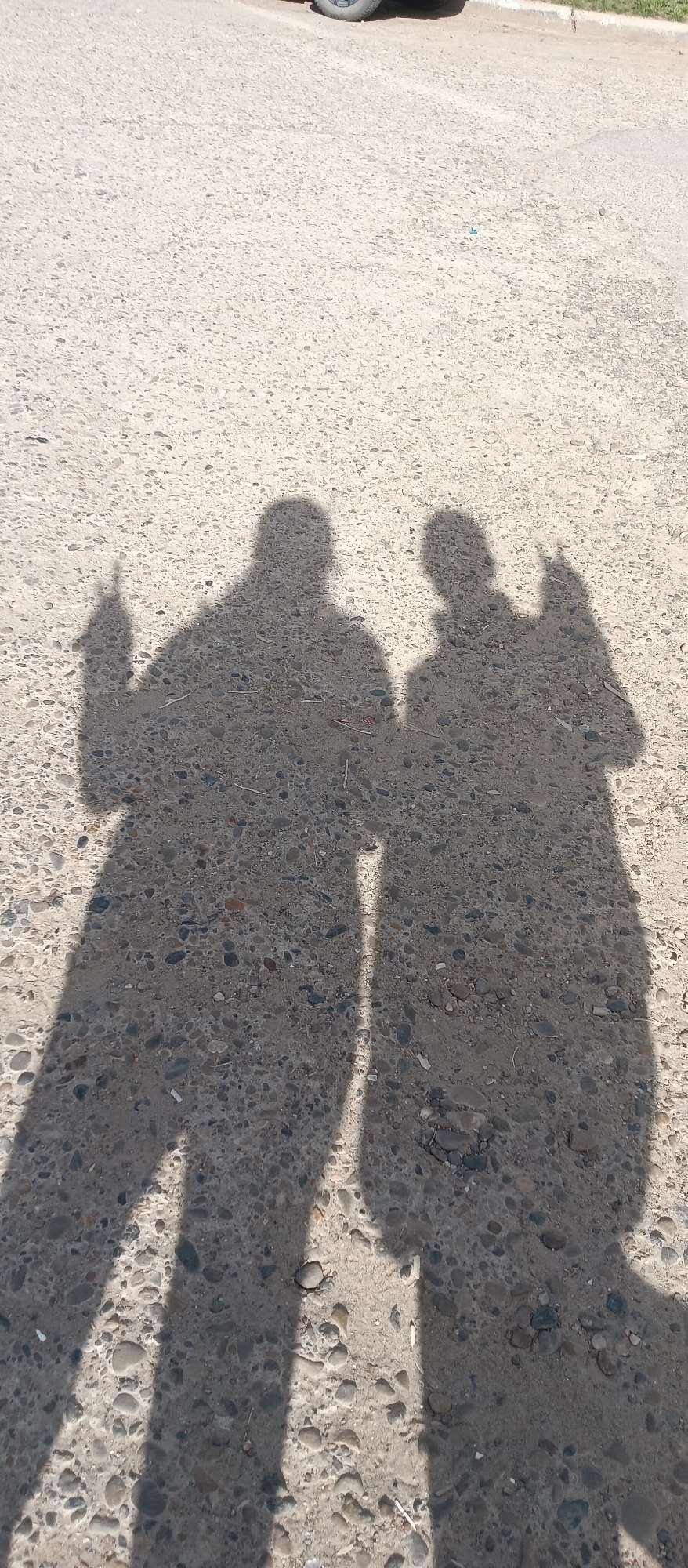The scene is a street location in the city of Unknown, Unknown. The ground is paved with an aggregate mix. The dominant elements are the shadows of two people, both with one hand raised. A vehicle tire is partially visible in the upper part of the frame.