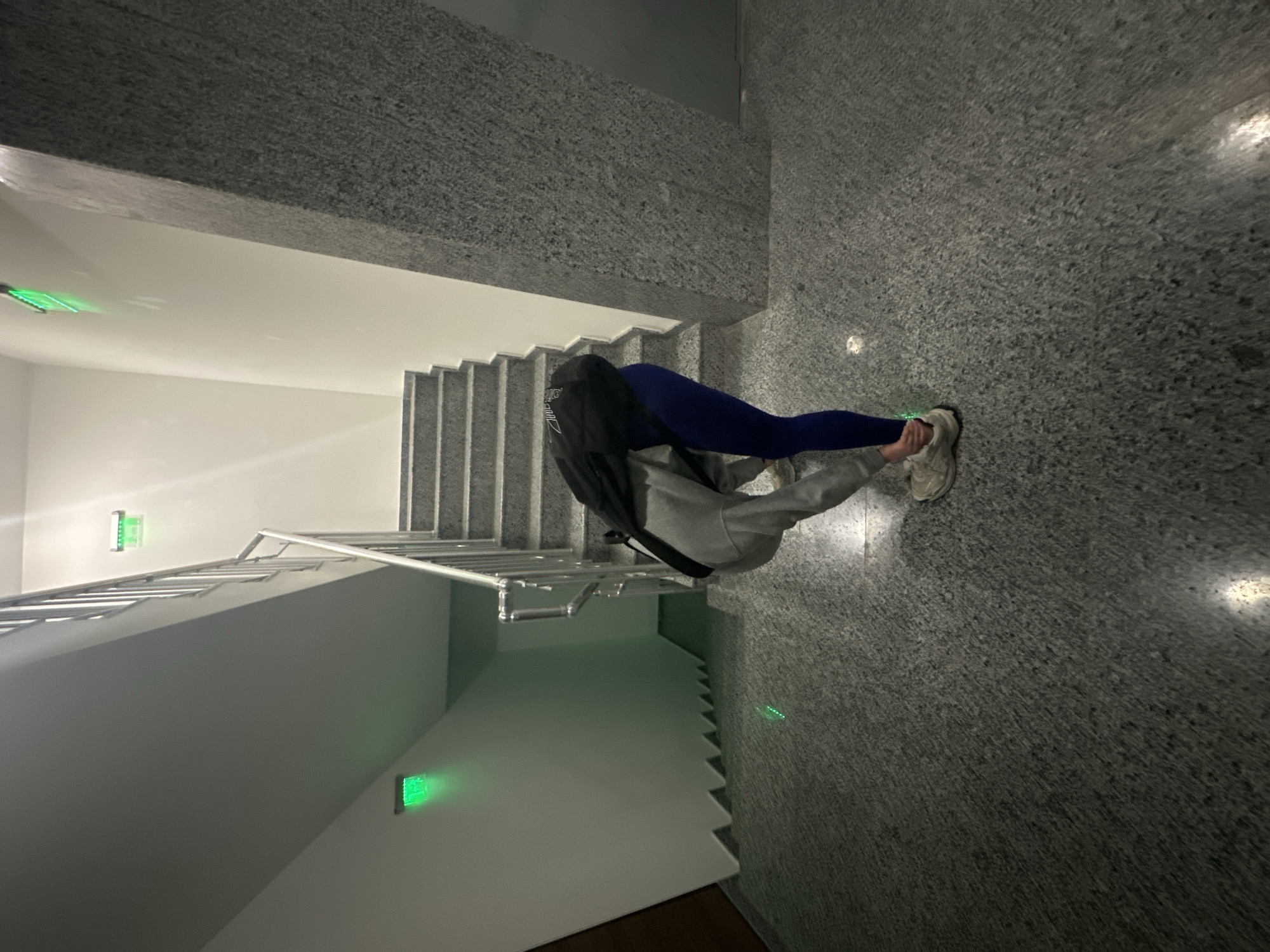 The photo is taken in an interior stairwell with gray concrete walls, steps, and flooring. A person wearing blue leggings, a grey hooded sweatshirt, and white sneakers is standing at the top of the stairs. The stairwell has a metal handrail on one side and green emergency exit signs on the walls. The location is not specified in the image and therefore cannot be determined to be in Sofia, Bulgaria.