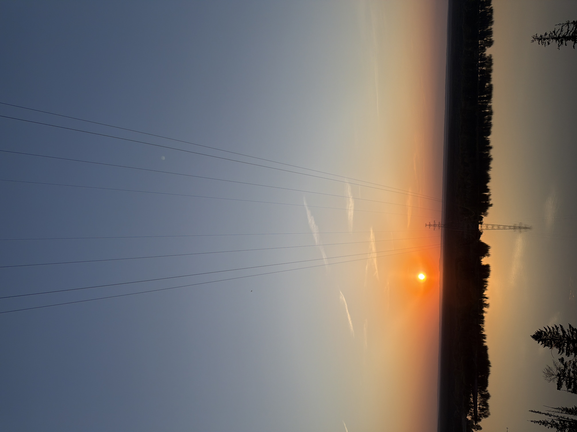 The image captures a sunset scene near Noviy Urengoy, Russia. A fiery orange sun dominates the horizon, partially obscured by a line of trees. Power lines stretch across the clear blue sky on the left side of the image, leading toward the setting sun. The reflection of the power lines and the sunset can be seen in the smooth body of water on the right of the image. Silhouettes of trees and power transmission towers are visible against the bright horizon, and trees are visible in the foreground.