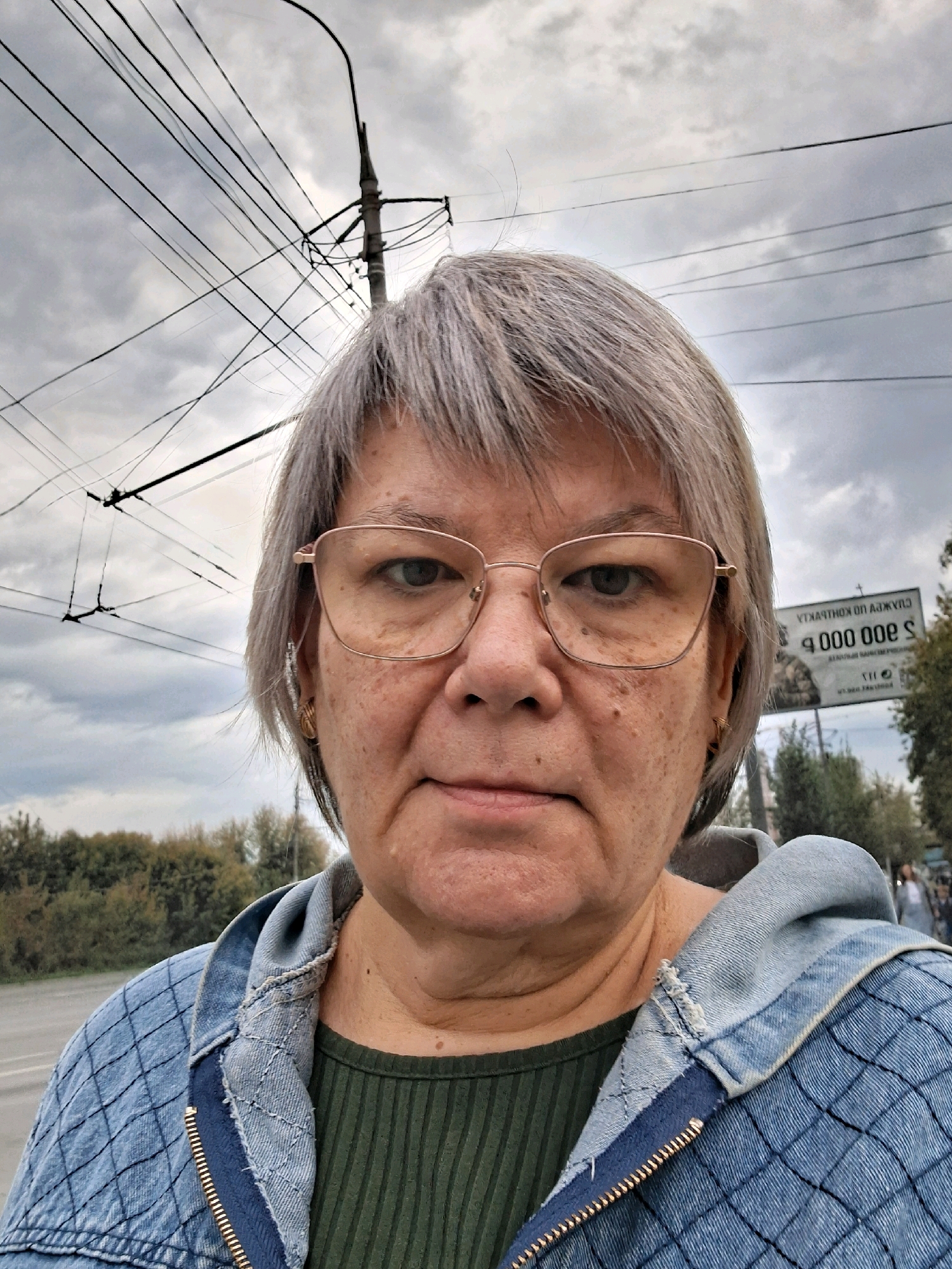An outdoor, medium-shot, waist-up, selfie-style photograph captures a middle-aged Caucasian woman with short, gray hair and glasses. She is wearing a blue denim jacket over a dark green ribbed top. Her face is turned towards the camera, and she is looking directly into the lens. Her skin exhibits freckles and some blemishes. In the background, a large billboard with text and an image is visible, along with a complex network of overhead wires and a utility pole. The sky is overcast and cloudy. Trees and foliage line the area behind the woman, and a street or road is visible. The presence of the billboard and overhead electrical wires suggests an urban or semi-urban environment. The text on the billboard is in Russian and appears to be advertising some sort of financial offer or opportunity, with prominent figures of currency and numbers. The overall scene is likely located in an area accessible by public transportation due to the electrical wires, possibly a street in Novosibirsk, Russia.