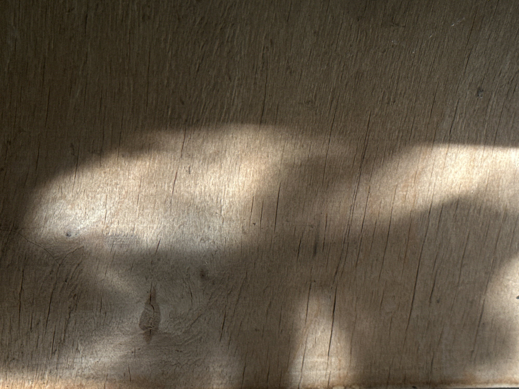 The image displays a close-up, top-down view of a weathered wooden surface. The wood grain is prominent, with visible cracks and imperfections. A soft, diffused light casts a shadow across the surface, creating a contrast between a brighter, illuminated area and a darker, shadowed section. The shadow appears to be cast by an unseen object or foliage, with organic, curved edges. The texture of the wood is rough and aged, suggesting it may be an outdoor surface or an old piece of furniture. There are no people or overt signs of human activity visible in the frame, and the location in Luhansk, Ukraine, is not discernable from the image itself.