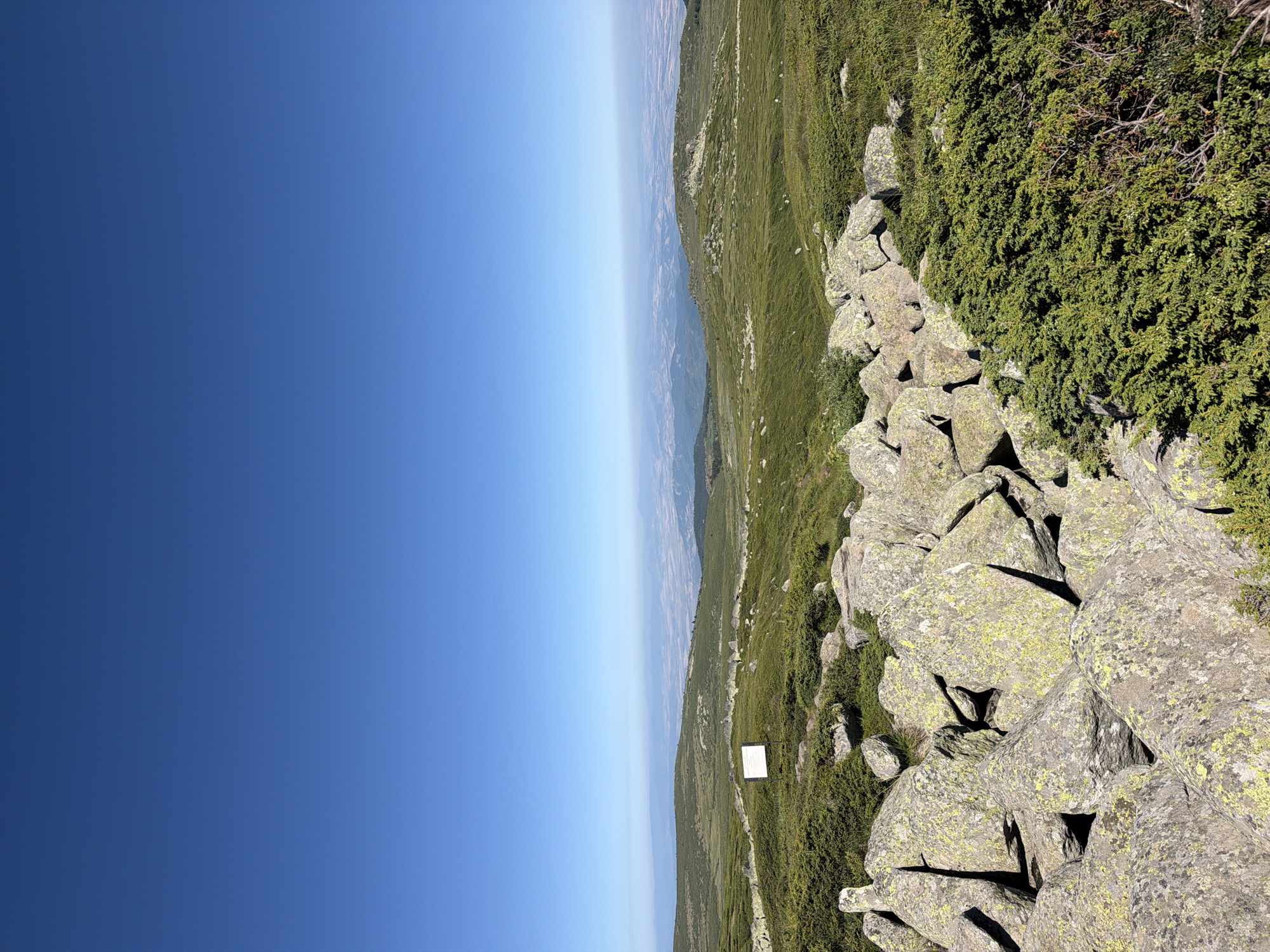 This is a vertical, eye-level, full shot of a mountainous landscape near Bistritsa, Bulgaria on a clear, sunny day. The foreground is dominated by large, weathered rocks, some covered in greenish-yellow lichen, interspersed with low-lying green shrubs. A white rectangular sign is visible on a small hill in the middle ground, surrounded by vegetation. The middle ground and background consist of rolling green hills and plains, with a hazy view of distant mountains and a valley under a clear, vibrant blue sky. No people or animals are present in the image.