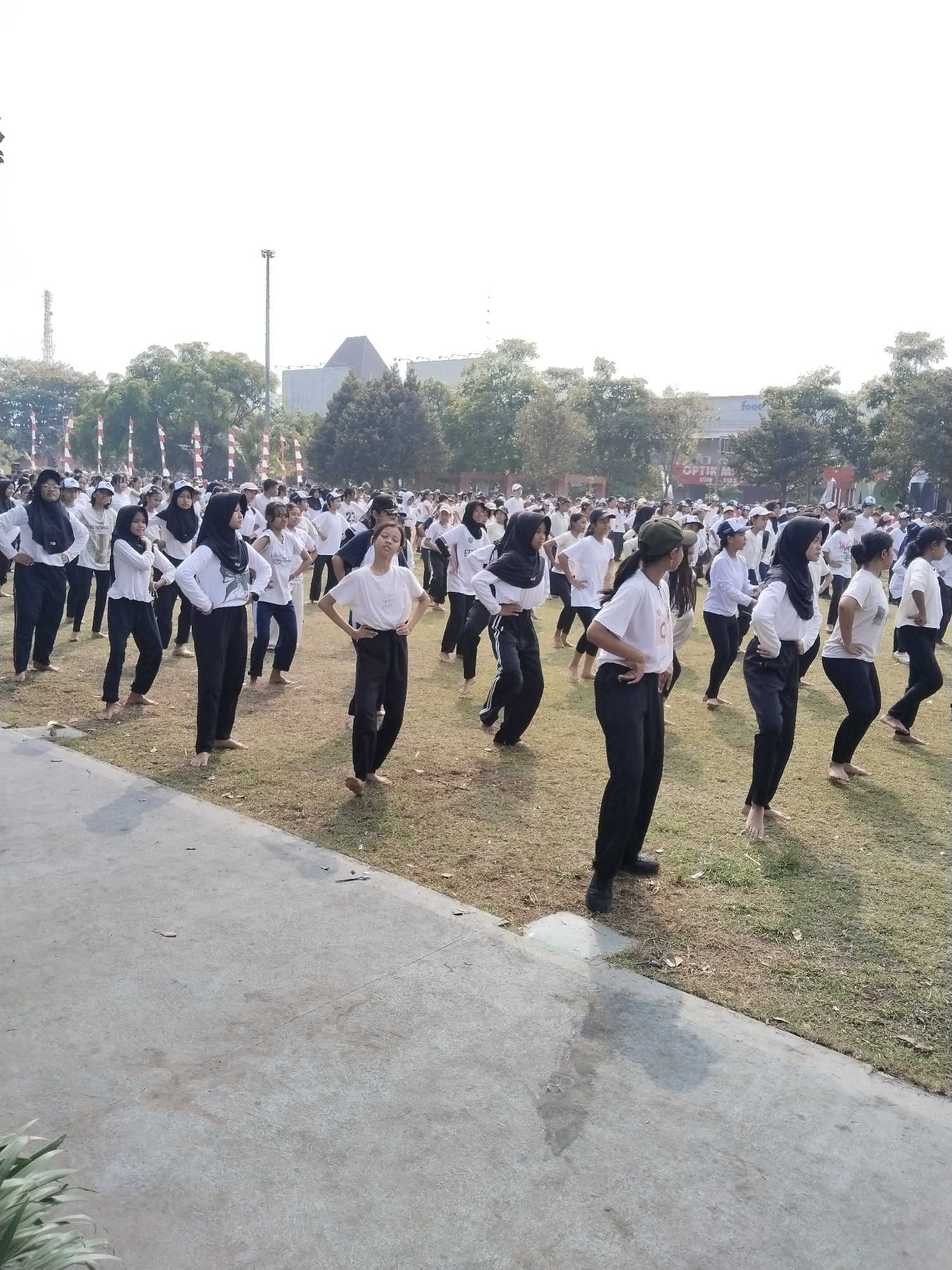 A wide shot captures a large group of people, predominantly young women, participating in an outdoor exercise routine on a grassy field in Kecamatan Pati, Indonesia. The participants are dressed in matching white tops and black pants, with some wearing headscarves. They are arranged in rows, facing the same direction, and appear to be performing synchronized movements. In the background, several trees and a few buildings are visible, including a structure with the word "food" on it and another displaying "OPTIK M". The scene is illuminated by natural daylight, casting soft shadows on the ground. The overall atmosphere suggests a community event or a school activity.