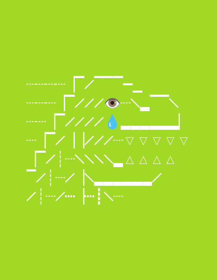The image is a digital illustration on a bright green background. It features a stylized representation of a crying eye, with a brown iris and a blue tear falling from it. The eye is surrounded by a collection of white geometric shapes, including dashed lines, diagonal lines, right angles, and small triangles. These shapes are arranged in a way that suggests a fragmented or broken form, possibly representing the head or face of a creature. There are no people or any indication of a specific location, city, or country, including Duman, Indonesia. The scene is abstract and symbolic, with no discernible narrative or context.