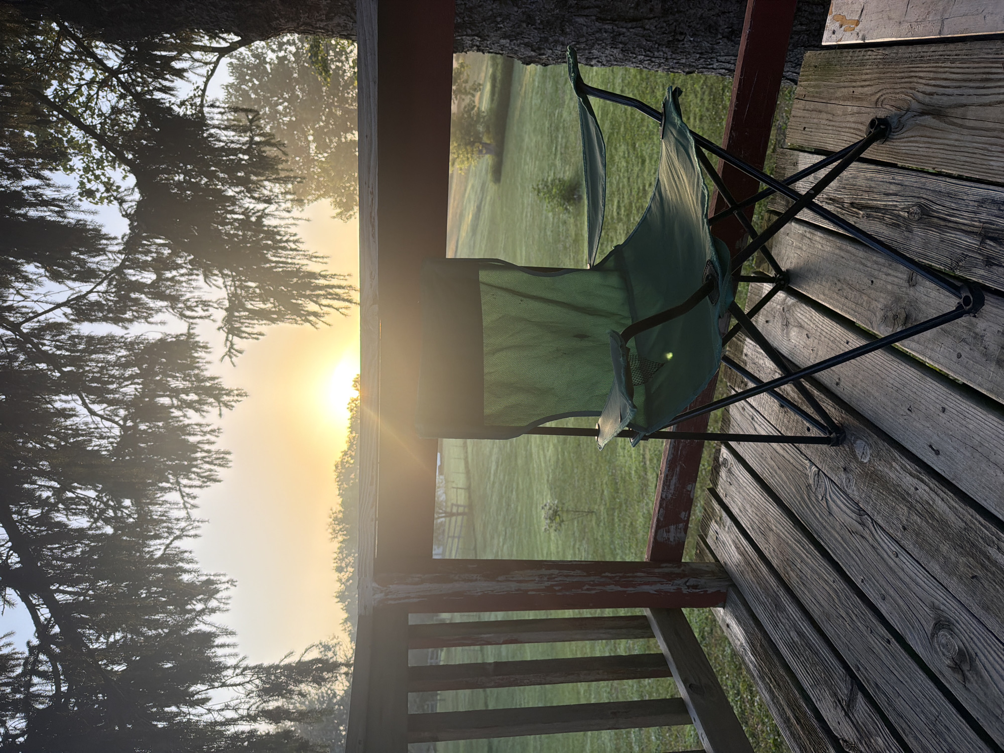 This image shows a green folding chair on a wooden deck. In the background, there is a sunrise over a grassy field with trees. The sun is low on the horizon, casting a warm glow over the scene. The deck appears to be weathered, with visible wood grain and nail heads. A tree trunk is visible on the right side of the image, and tree branches hang down from the top. The overall impression is one of a peaceful morning setting, likely in a rural or suburban area. The location is identified as the city of Holt, United States.