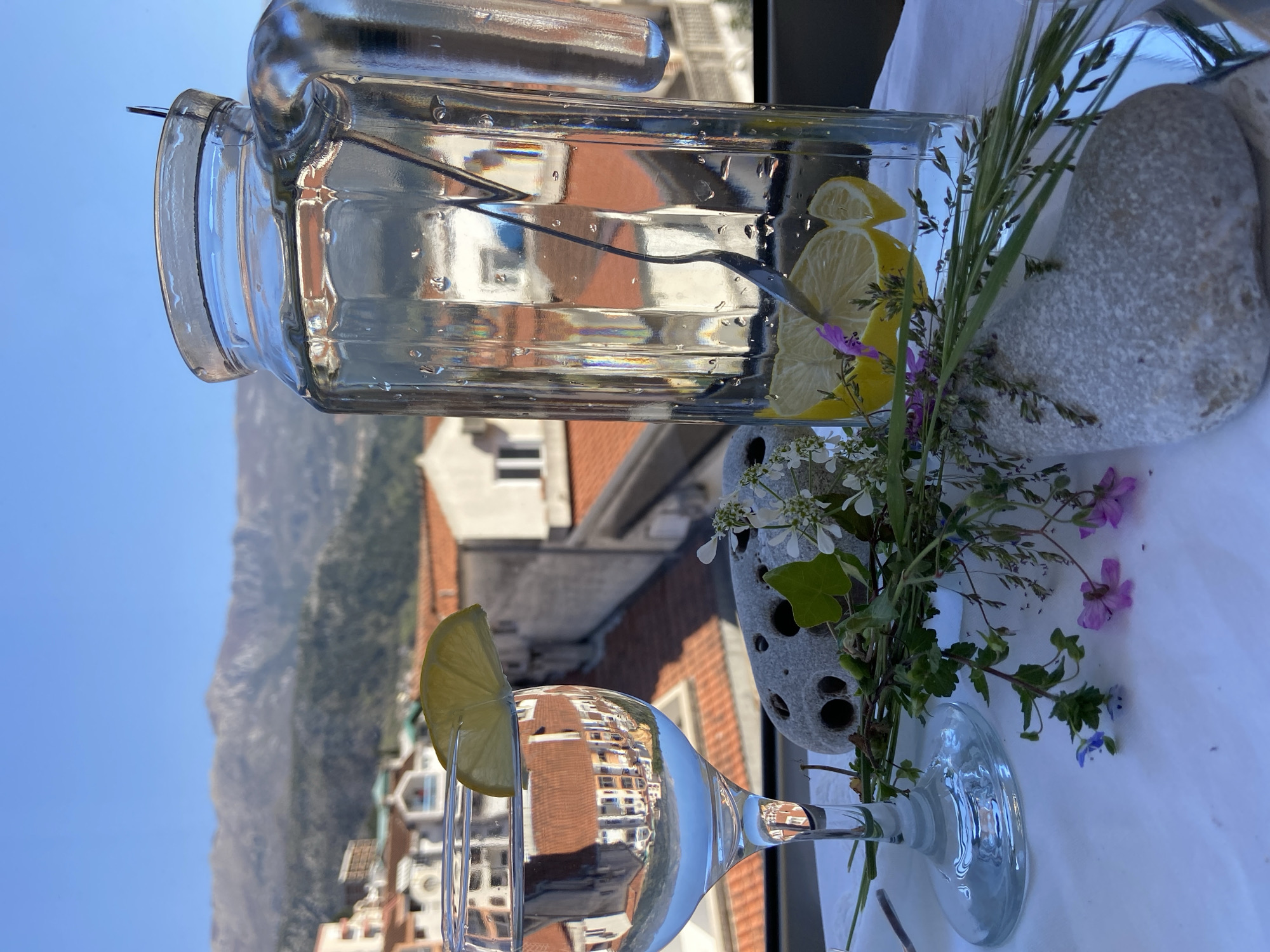 A still-life composition features a glass of water with a lemon slice, a glass carafe containing lemon slices and water, wildflowers and grasses, and a porous stone. The arrangement is set against a backdrop of red-tiled rooftops and buildings. In the background, a mountain range is partially visible under a clear blue sky. The scene is likely located in Budva, Montenegro, based on the typical architecture and landscape features visible in the background. The objects appear to be placed on a white surface, possibly a table or ledge.