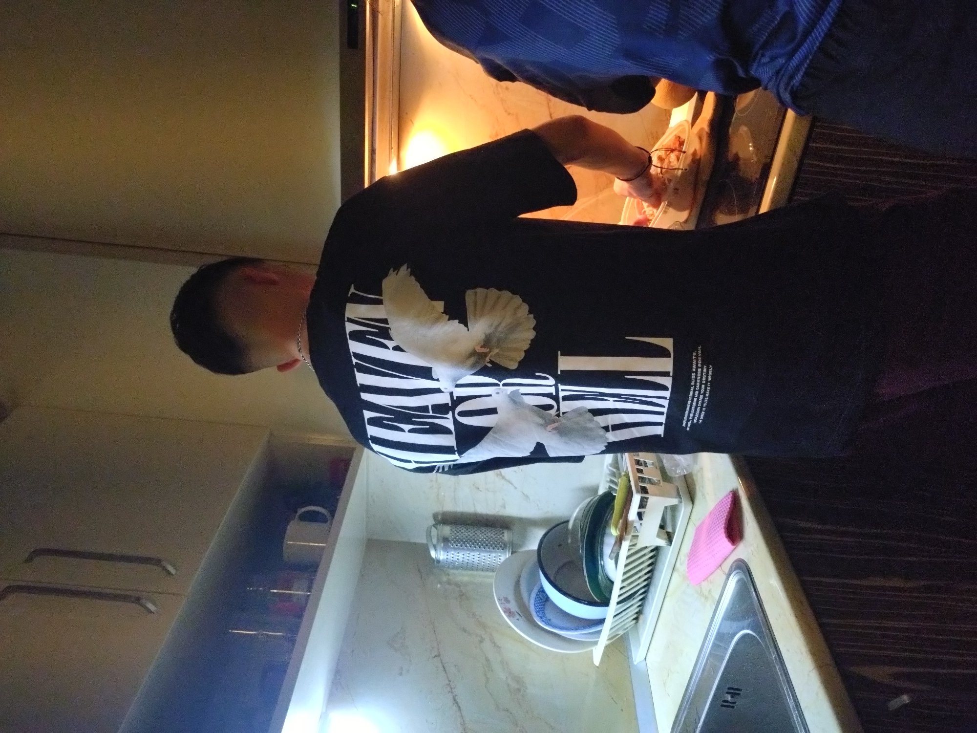 The image depicts a domestic kitchen setting, not a specific location in Stara Zagora, Bulgaria. Two individuals are visible, with the primary focus on the back of a person wearing a black t-shirt. The t-shirt features a graphic design with white text and two white doves. The kitchen area includes cabinetry above, a countertop with a sink, a dish rack with plates, a grater, and a stove area where the second individual is engaged in preparing food. The lighting suggests an indoor environment, likely during the day or with artificial kitchen lighting.