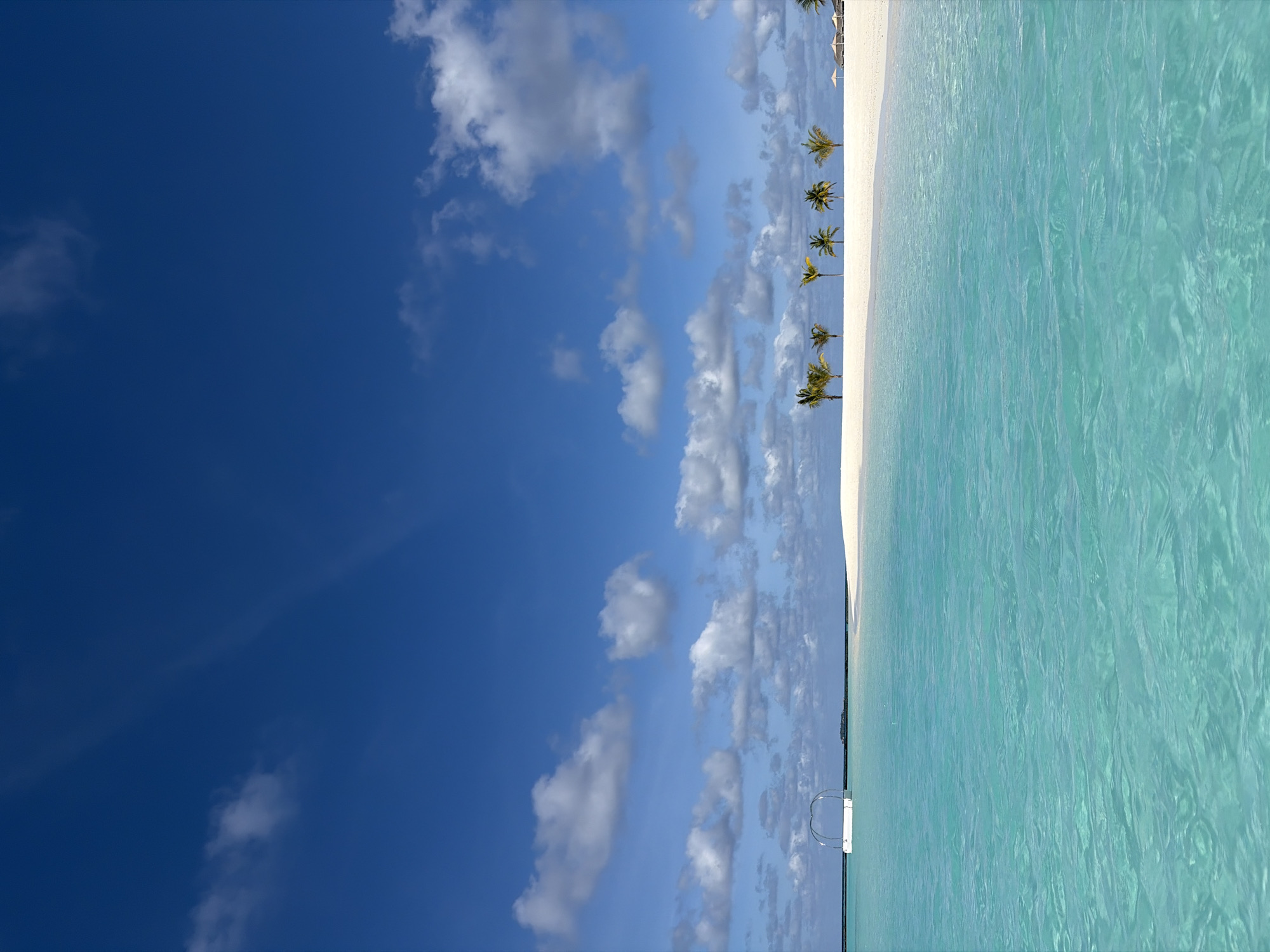 The image depicts a tropical beach scene in Halaveli, Maldives. The foreground is dominated by crystal-clear turquoise water with gentle ripples, suggesting calm conditions. The water transitions to a pristine white sand beach. Along the shoreline, a row of palm trees stands tall against a bright blue sky dotted with fluffy white clouds. In the distance, there's a white structure, possibly a wedding arch or a decorative element, situated in the shallow water. Further beyond, a thin strip of land is visible, and beyond that, a larger island or resort with buildings can be discerned. The overall environment is serene and idyllic, characteristic of a luxury resort destination. There are no people visible in the image.