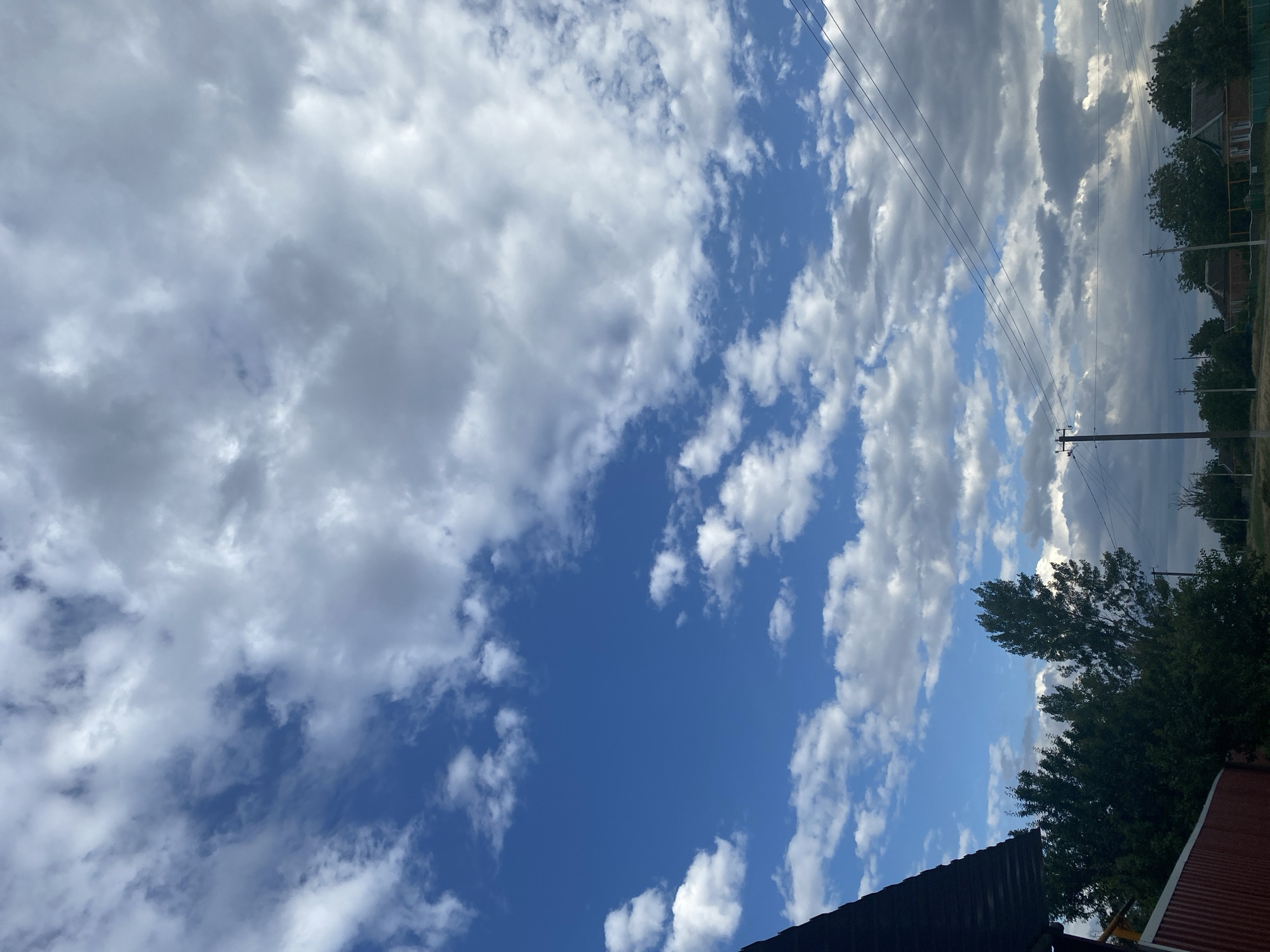 This image captures a dramatic sky filled with a mix of fluffy white clouds and darker, more ominous clouds against a bright blue sky. The scene appears to be outdoors, with hints of human infrastructure visible. In the upper right portion of the image, power lines stretch across the frame, supported by utility poles. Below the power lines, a line of trees with dense green foliage runs horizontally, with some taller trees interspersed. Partially visible behind the trees are glimpses of buildings, suggesting a residential or rural setting. The angle of the shot is from a low perspective, looking upwards at the sky, with the dark, sloped roof of a building dominating the bottom left corner, and a reddish-brown roof in the bottom right, further emphasizing the viewpoint from a ground-level structure. The lighting suggests it is daytime, with sunlight breaking through some of the clouds, creating highlights and shadows on the cloud formations. The presence of both bright blue sky and darker clouds indicates a dynamic weather system, possibly a partly cloudy day with a chance of rain. The overall mood is one of natural beauty and the vastness of the sky, with a touch of the mundane presence of human utility structures. There is no visible text in the image.