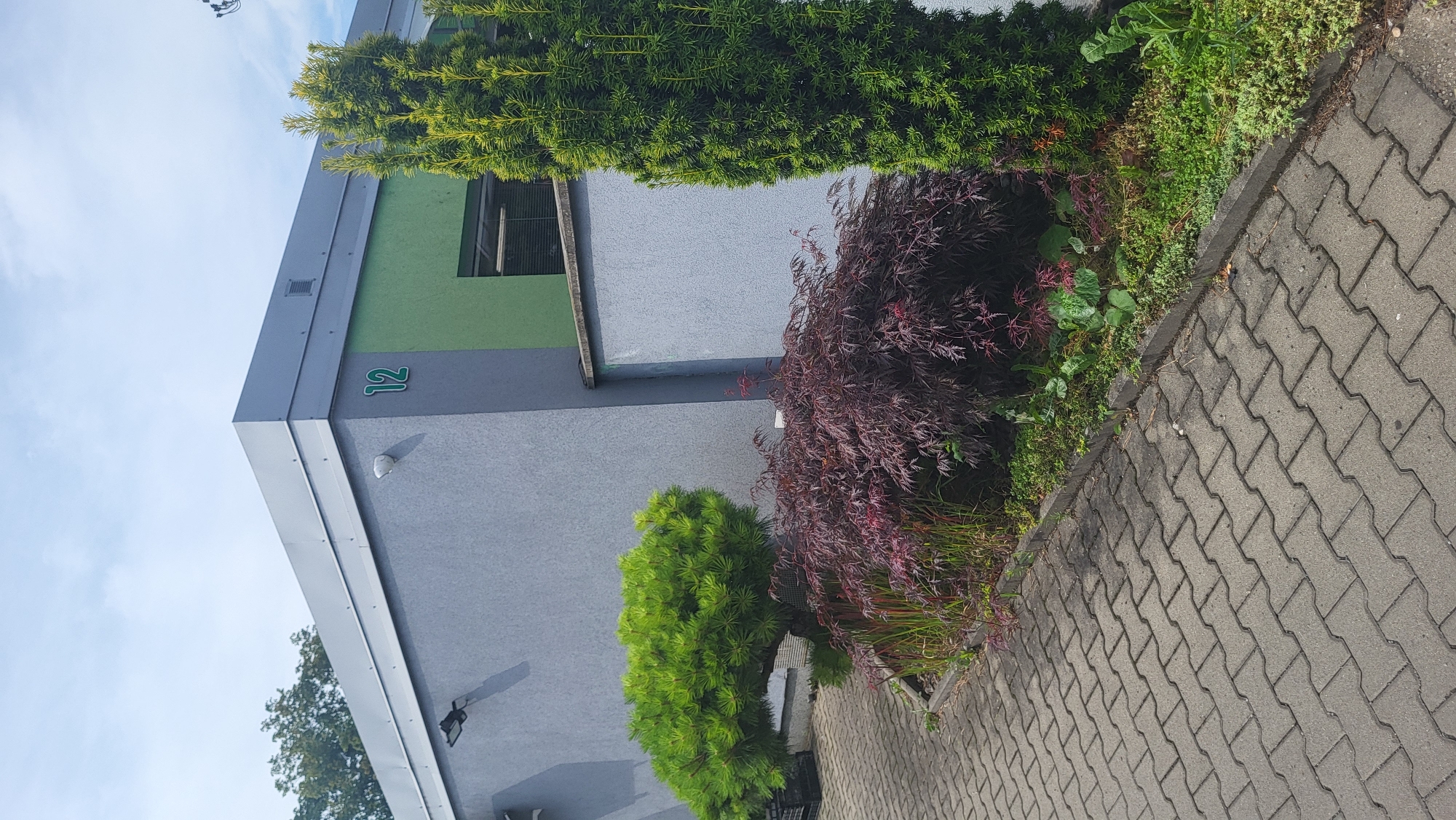 The image shows a building with the number 12 on its side. The building is a modern, single-story structure with grey and green walls and a metal roof. In front of the building, there is a paved walkway made of interlocking concrete pavers. Adjacent to the walkway, there is a garden bed with several plants, including a large, bushy green tree on the left and a smaller, reddish-leaved bush in the center. A tall, narrow green evergreen tree stands on the right side of the image. The sky above is blue with some white clouds. The scene appears to be an exterior view of a commercial or industrial property. There are no people visible in the image.