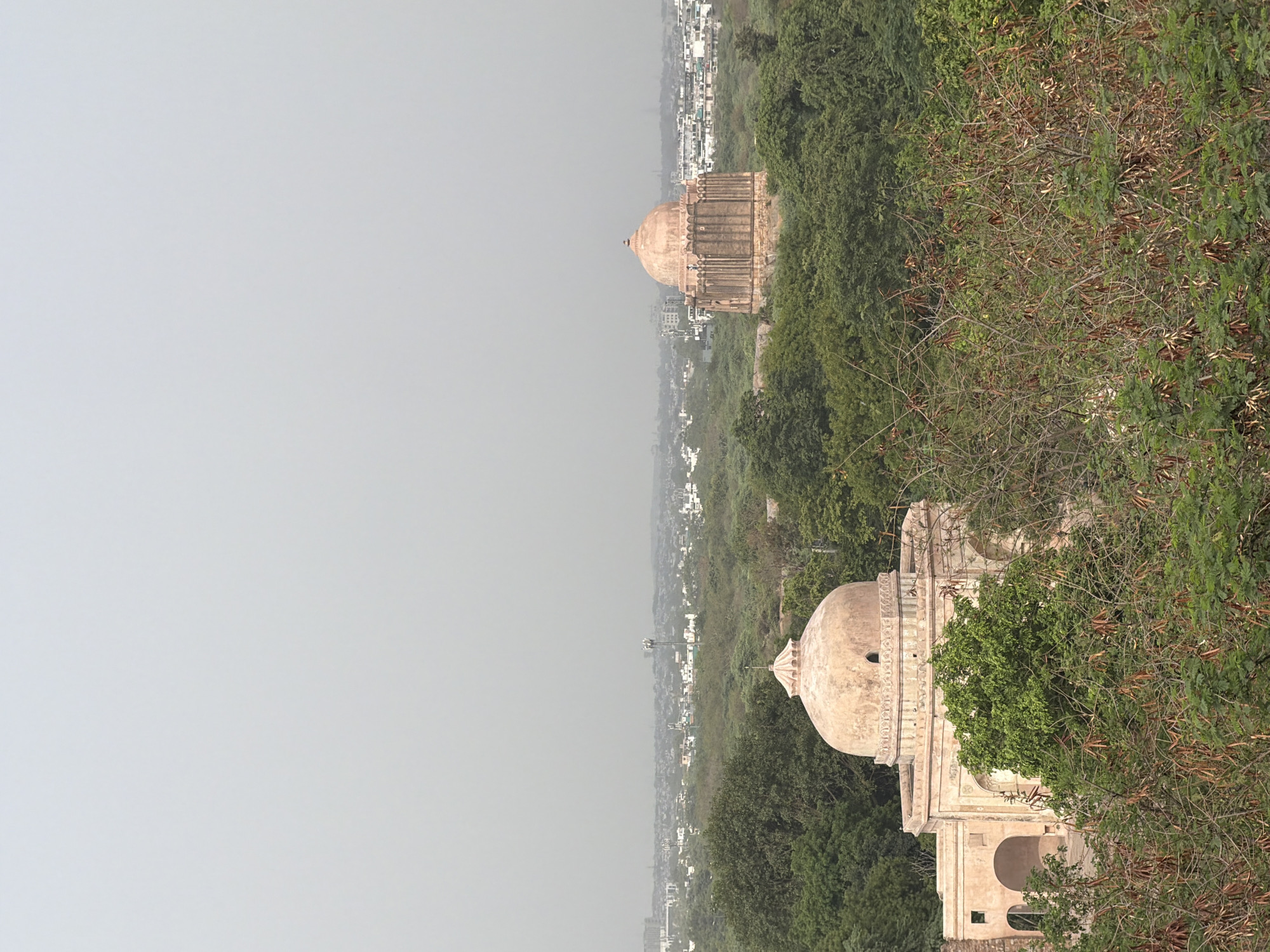 This image presents an elevated, panoramic view of a historical landscape within Delhi, India, specifically Mehrauli Archaeological Park. The scene is dominated by dense green foliage, featuring two prominent historical structures, and a hazy urban skyline in the distant background.
In the mid-ground, two distinct domed tombs are visible. To the left, a light beige octagonal structure, identified as Quli Khan's Tomb (also known as Metcalfe's Folly), features a smooth dome atop a drum, supported by arched bays. It is partially obscured by closer trees and shrubs, some bearing dry, elongated seed pods. To the right, a larger, more prominent circular structure, identified as the Tomb of Jamali Kamali, stands tall with a distinctive ribbed, reddish-brown dome surmounting a fluted, cylindrical base. Both tombs are constructed from stone, exhibiting characteristic Mughal or Delhi Sultanate architectural styles.
The immediate foreground consists of a thick array of green and deciduous foliage, including bushes and trees with slender branches and dry seed pods, suggesting a period possibly in late dry season or early monsoon. The mid-ground surrounding the tombs is densely forested with lush green trees.
The background reveals a sprawling urban landscape of Delhi, characterized by numerous low-rise buildings and scattered taller structures, including a cellular tower. This cityscape is significantly muted and desaturated due to considerable atmospheric haze, which also contributes to the uniform, light grey appearance of the sky, indicating an overcast or hazy day. No people or specific actions are discernible within the frame.
