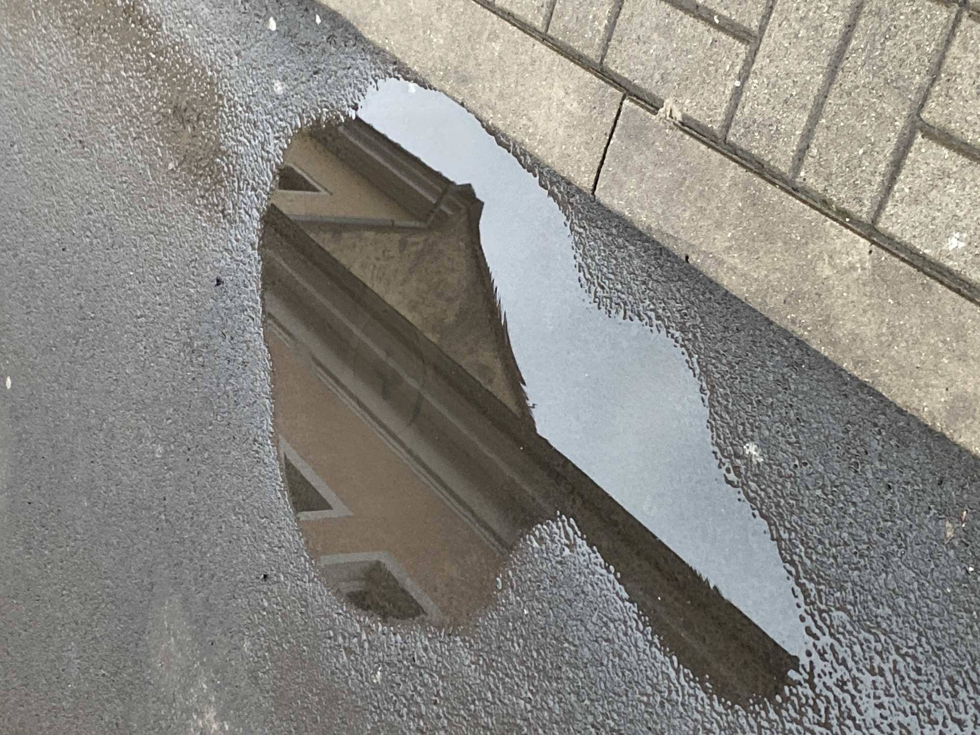 The image shows a puddle on an asphalt surface, reflecting a building. The puddle is situated next to a sidewalk made of interlocking pavers, with a concrete curb separating the asphalt from the pavers. The reflection in the puddle shows the upper portion of a building with windows and a reddish-brown facade, and a sloped roofline. The asphalt surface is wet and textured, with small ripples visible on its surface near the edge of the puddle. The lighting suggests it is daytime, with shadows visible on the paved area. The scene is a common urban environment, likely a street or sidewalk in Bílina, Czechia. No people or animals are visible in the image.