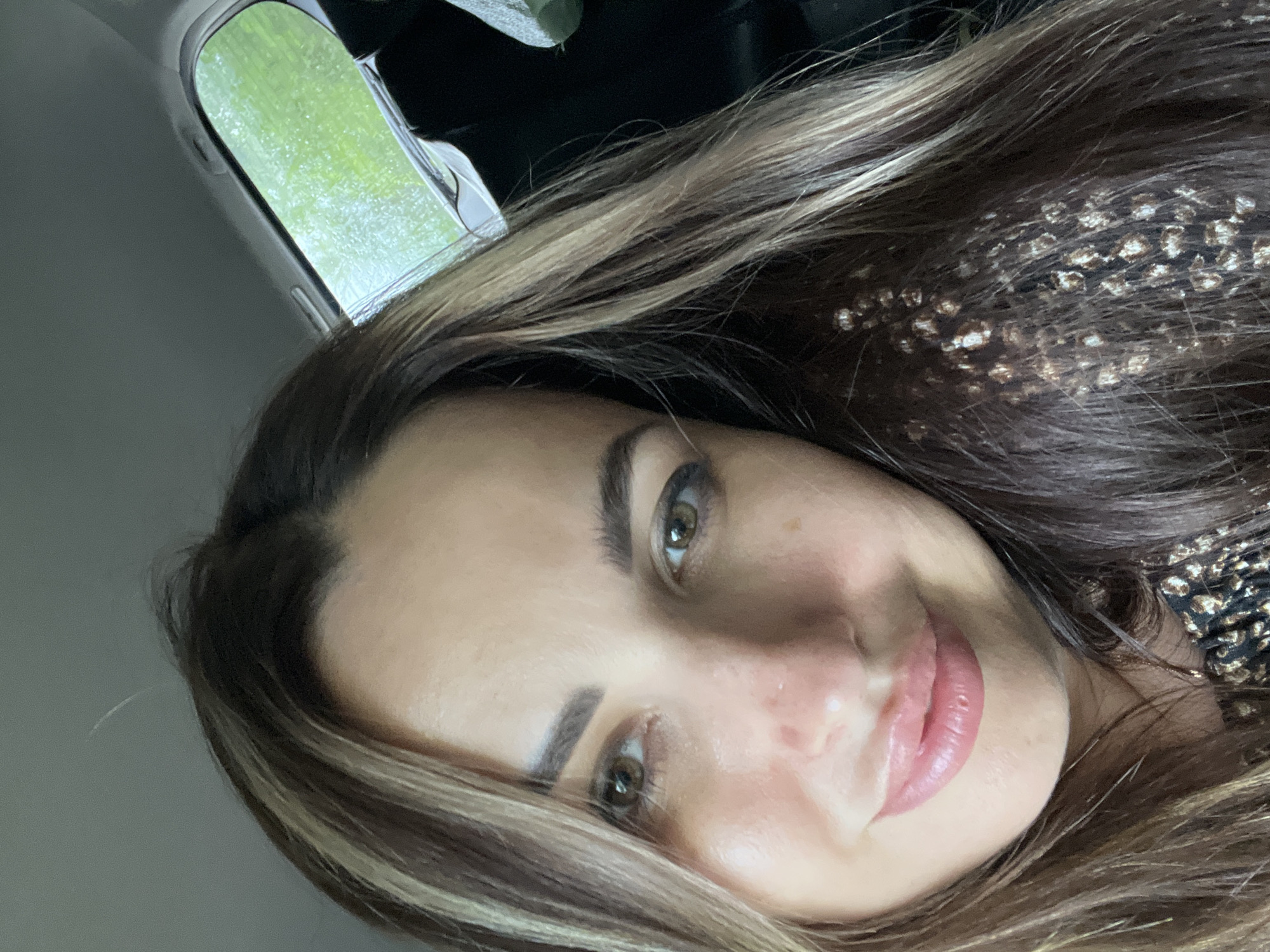 An outdoor, medium-shot, slightly angled selfie shows a woman with medium-length brown hair with blonde highlights, as she sits in the passenger seat of a vehicle. Her hair is parted in the middle and falls around her face. She is wearing a black top with a gold animal print. The woman's eyes are open and looking at the camera, and she has a slight smile on her face. Her lips are plump and appear to be glossed. Her eyebrows are dark and arched. The background of the image is blurry, but a green, leafy landscape is visible through a car window on the right side of the frame, suggesting it is daytime. The interior of the car is dark.