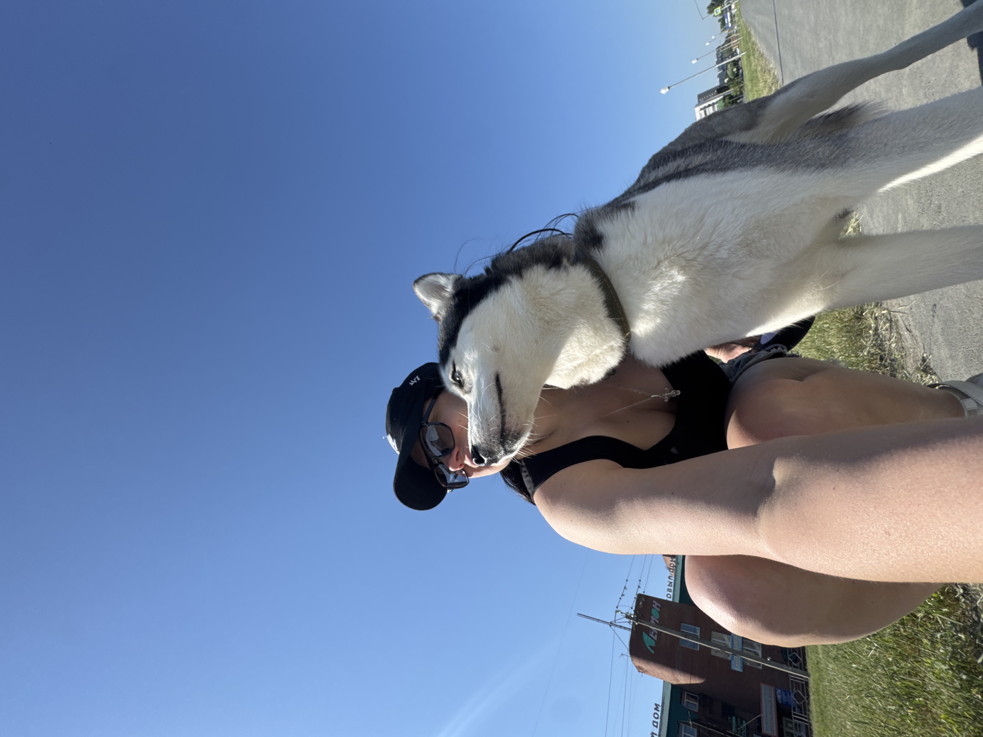 A woman crouches with a husky dog in an urban environment. She wears a black tank top, dark shorts, sunglasses, and a black baseball cap. The husky is primarily white with grey markings on its back and head. They are positioned close to a sidewalk or paved area next to grass. In the background, a building with Russian text is visible. The sky is a clear, bright blue.
