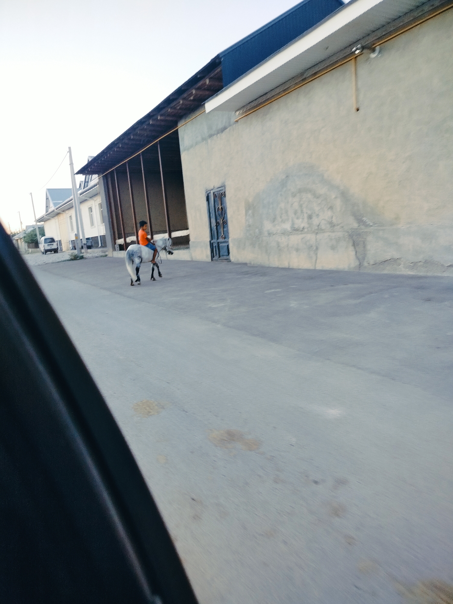 In the city of Kölkent, Kazakhstan, a young boy is riding a dappled grey pony on a paved road. The boy, wearing an orange t-shirt and blue pants, sits upright on the pony's back. The pony is facing towards the right of the frame, with its tail visible. The road surface appears to be asphalt, with some patches of lighter grey and darker grey, suggesting variations in material or wear. To the left of the road, a dark, blurred object, possibly part of a vehicle, occupies the foreground. Behind the pony, there are several buildings. The closest building has a rough, textured, light-colored facade and a dark blue door. Further back, a row of buildings with white walls and dark roofs are visible. A white van is parked on the left side of the road in front of these buildings. Above the buildings, a clear sky with a slight haze is visible. A wooden canopy supported by vertical posts extends along the facade of the building with the dark blue door.