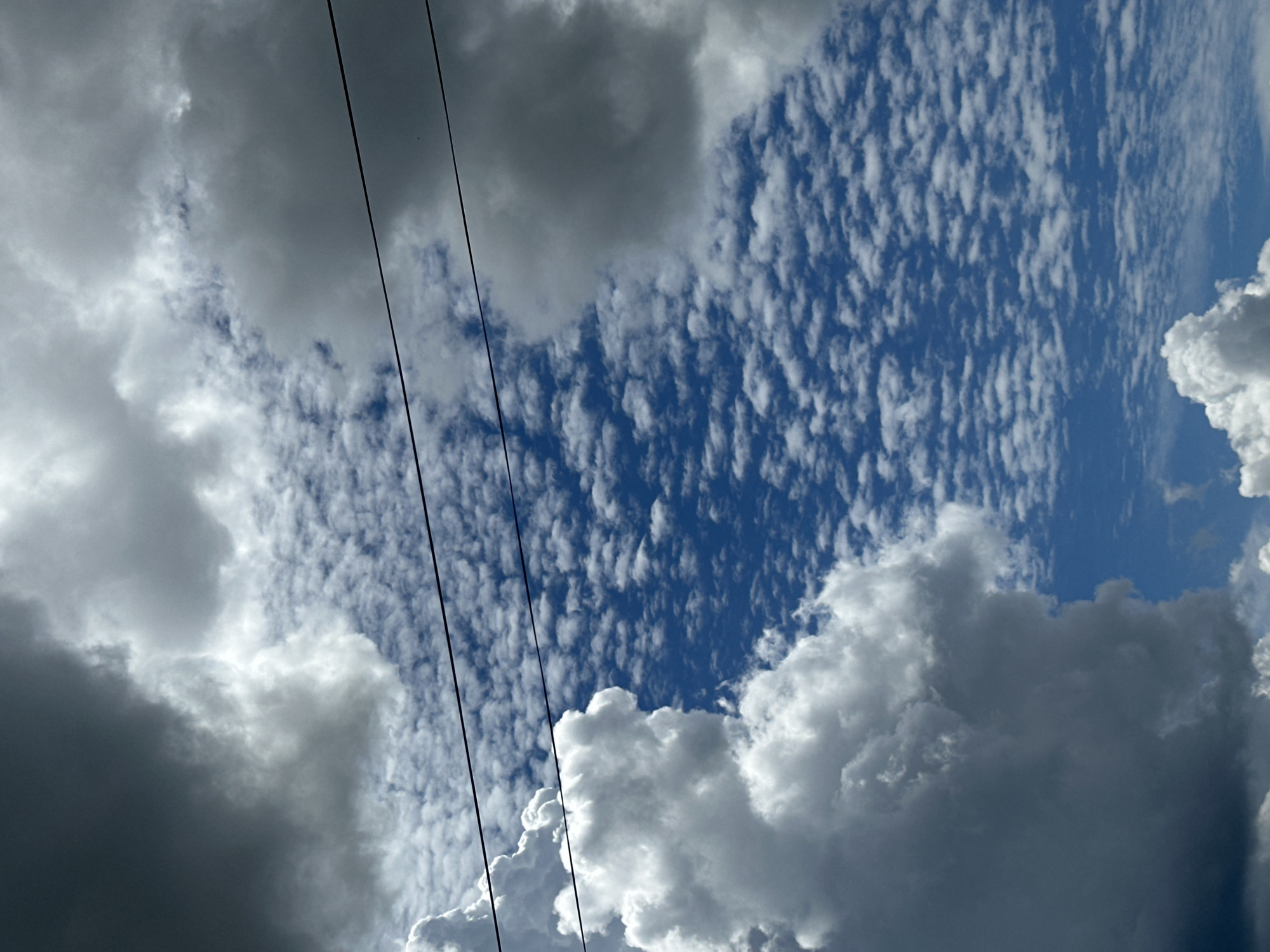 The image shows a view of the sky with various types of clouds. There are large, dark storm clouds on the left and right sides of the frame, with a patch of bright blue sky in the center. Scattered across the blue sky are smaller, fluffy white clouds that resemble altocumulus clouds. Two thin, dark horizontal lines, likely power lines, are visible in the upper portion of the image. The bottom of the frame shows a small portion of a large, white cumulus cloud. The lighting suggests it is daytime, with the sun partially obscured by the clouds.