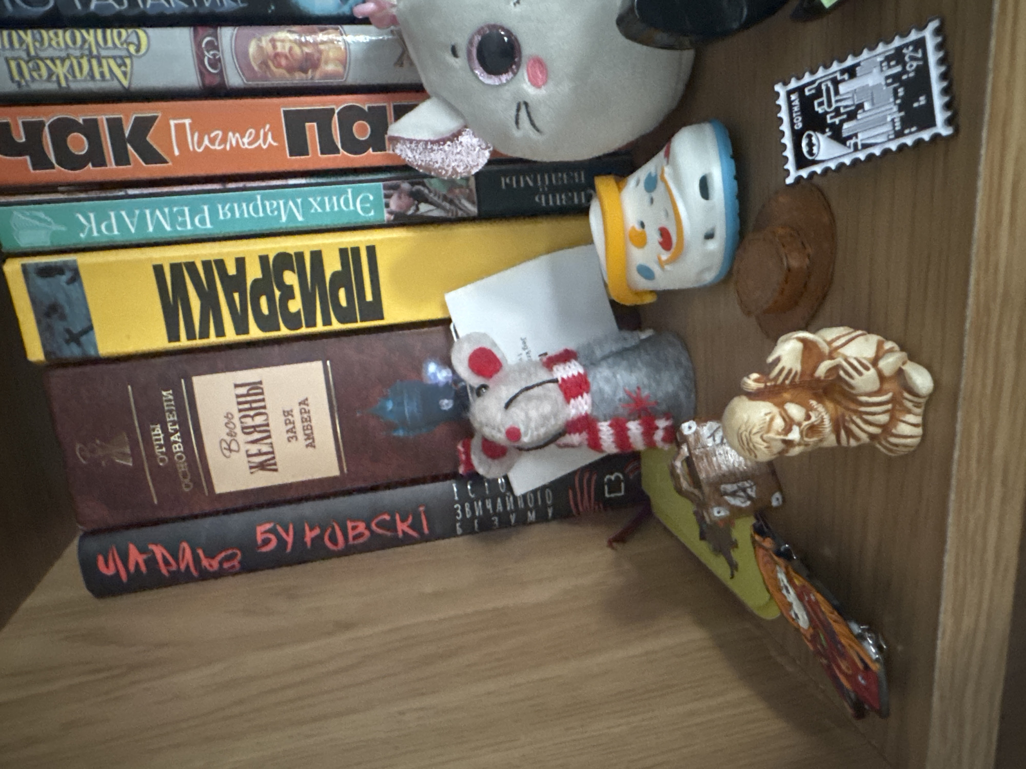 The image shows a close-up of a bookshelf with several books and small decorative items. The books have Cyrillic lettering on their spines, suggesting they are in Russian or Ukrainian. The items include a small knitted mouse with a red and white striped scarf, a white croc shoe with a smiley face design, a brown hat, a figurine of a person with a beard, and a Gotham City stamp. The background is a light-colored wooden surface. The lighting is natural and comes from the front. The scene appears to be a personal collection of books and trinkets. No specific location in Kremenchuk, Ukraine can be determined from the image.