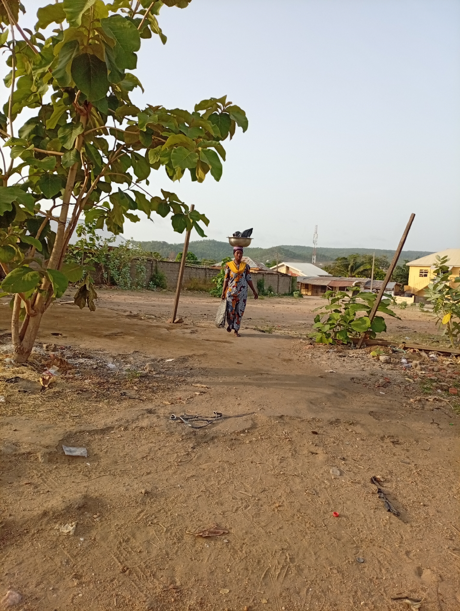 A woman walks on a dirt road in a populated area of Lokoja, Nigeria. She carries a bowl on her head and a bag in her left hand. The road shows tire tracks, small pieces of debris, and trash. A tree stands to the left and a small bush is on the right. In the background, there is a fence, a house, and a cell tower. The sky is light.