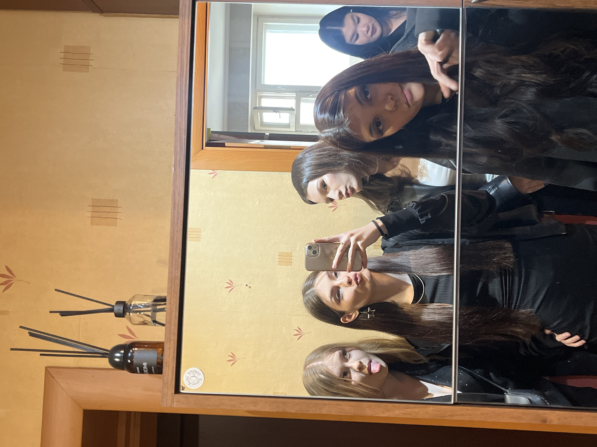 A group selfie of four young women or girls is captured in a large, vertically oriented mirror with a light wooden frame, taken in Vsevolozhsk, Russia. The image is presented as if rotated 90 degrees clockwise.
In the foreground of the mirror's reflection, a young woman with long dark hair holds a smartphone to take the picture, posing with pouted lips and wearing a black top with a star-shaped earring. Below her in the reflection, another young woman with lighter brown hair playfully sticks out her tongue. Further back in the reflection, two more young women with long dark hair are visible, looking towards the camera.
The setting appears to be indoors, likely a home, with patterned light yellow wallpaper adorned with reddish-brown leaf motifs reflecting in the mirror. To the left of the mirror's reflection (at the bottom of the current image orientation), two reed diffusers are visible on a wooden surface: one clear glass bottle and one dark amber bottle with the text "ROMI" on its label.
The mirror's reflection also shows a bright window, indicating that the photograph was taken during daylight hours. The overall mood conveyed by the subjects' poses is casual and playful.