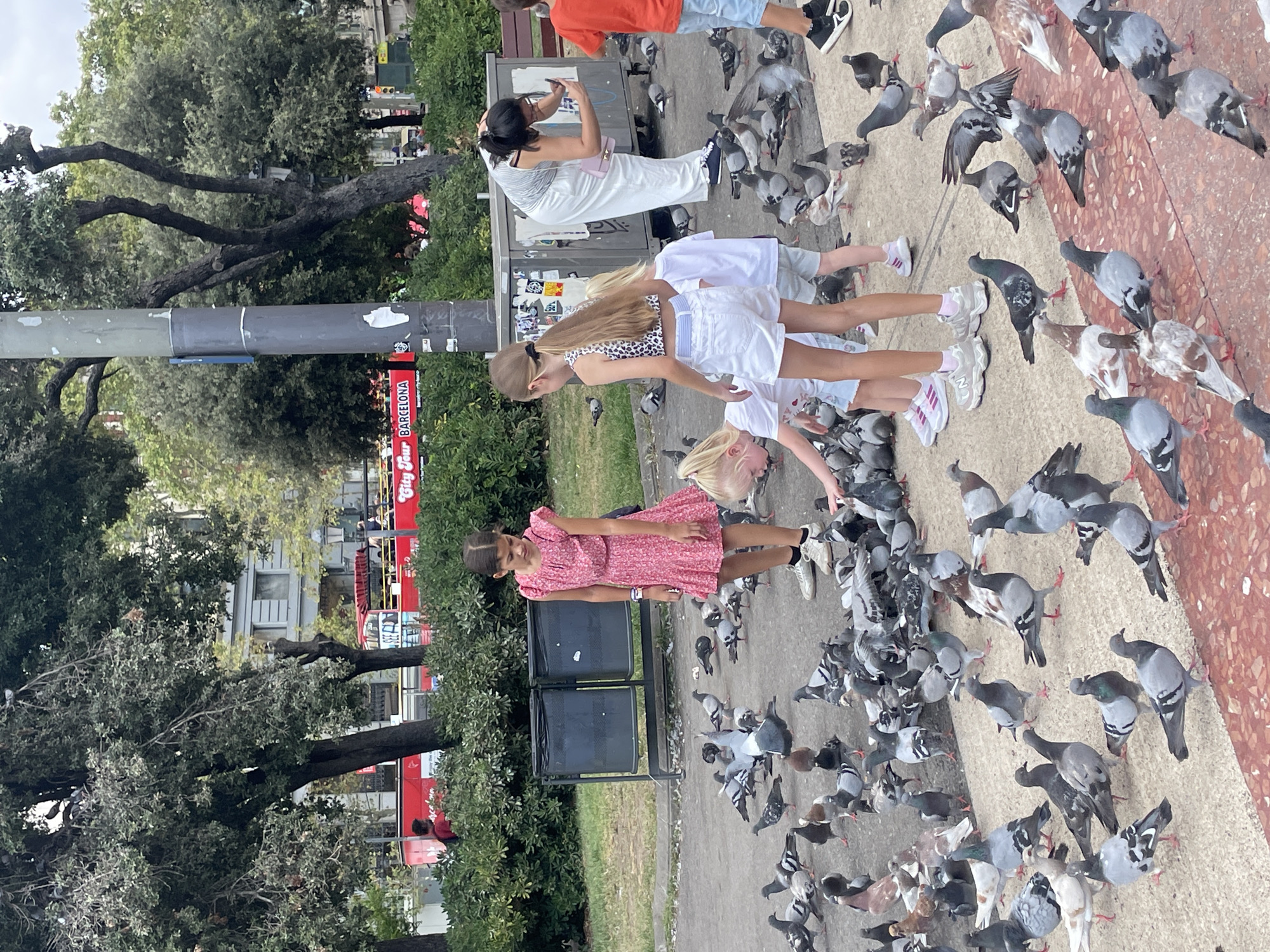 In Barcelona, Spain, a group of children are gathered in a park-like setting, surrounded by a large flock of pigeons pecking at the ground. A young girl in a pink dress stands to the left, while another girl in a patterned top and white shorts is in the center, interacting with the pigeons. A woman is positioned to the right of the children, holding a mobile phone, and appears to be taking a picture. In the background, a red double-decker tour bus with the text "City Tour Barcelona" is visible, indicating a tourist area. Trees and lush green bushes form the backdrop of the scene, with a lamppost and trash cans also present. The pavement is a mix of grey concrete and red-patterned tiles, and many pigeons are scattered across the ground.