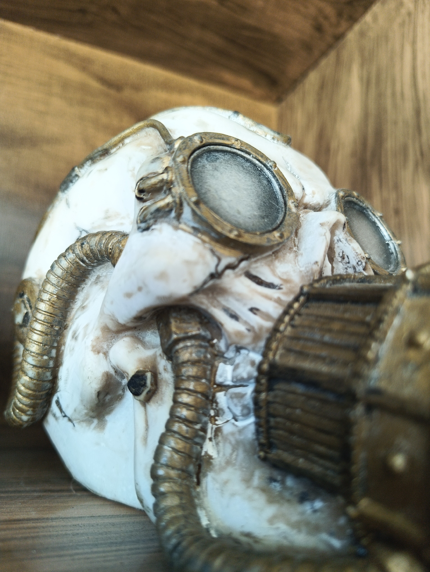 The image is a close-up, eye-level, shallow depth of field shot of a Steampunk-style skull. The skull is white with metallic gold accents, designed to resemble a gas mask. It has goggles with circular lenses over the eye sockets and a segmented respirator-like piece attached to the front. Corrugated metallic tubes extend from the sides of the skull. The skull is placed on a wooden surface, and a wooden background is visible behind it. The lighting is warm and slightly diffused, highlighting the texture and metallic elements of the skull. The image does not provide any information about the city of Karnobat, Bulgaria, as it is an artistic depiction of an object.