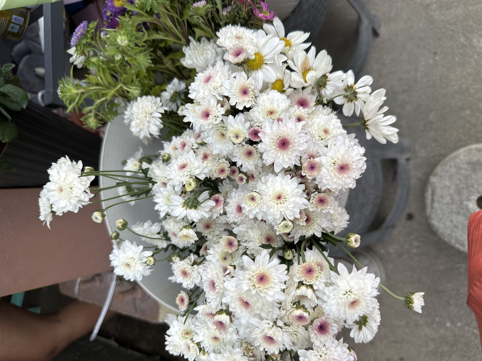 A close-up, overhead shot depicts a large bouquet of white chrysanthemums with pink centers, clustered in a grey bucket. The flowers are densely packed and fill the majority of the frame. Some green foliage and other flowers, including purple asters, are visible behind the white chrysanthemums. The background is blurred, with hints of a person's legs and a reddish-orange object in the lower portion of the image. The ground beneath the bucket appears to be concrete. The scene suggests a flower stall or a residential outdoor area, possibly in Davao City, Philippines, given the context provided.